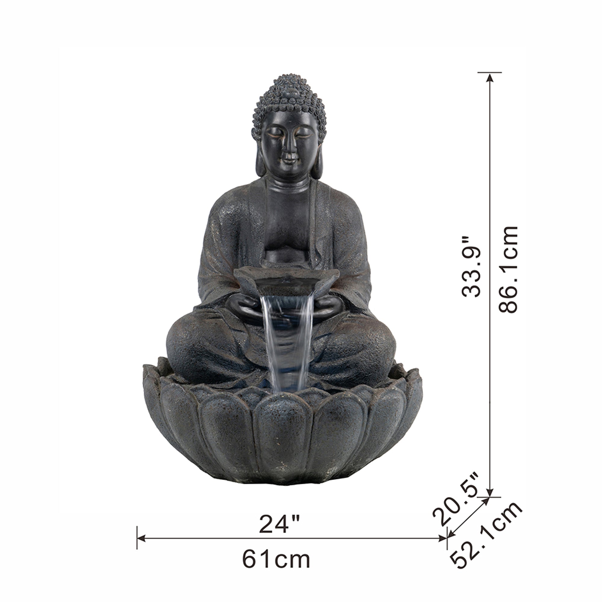 34 in. Tall Outdoor Dark Gray Buddha Statue Water Fountain with Light BOEDFF06B-GR