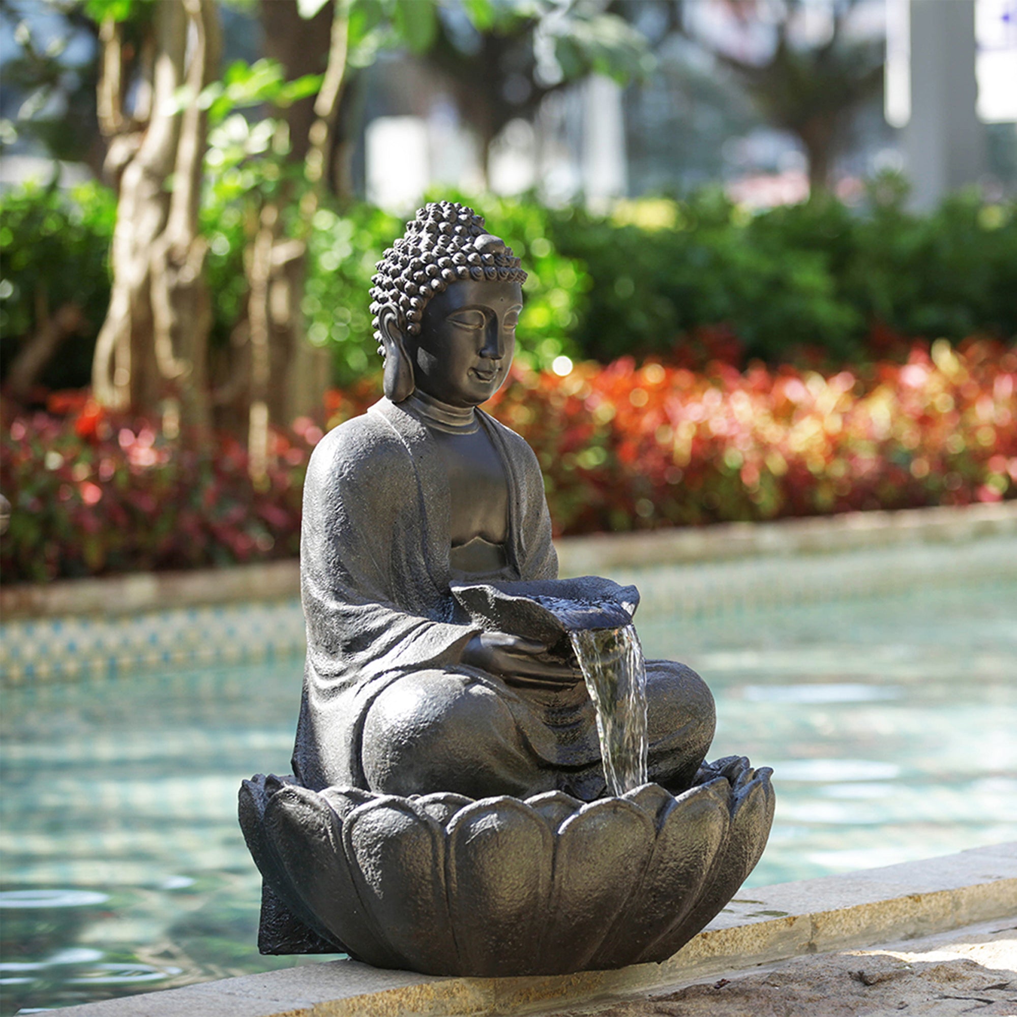 34 in. Tall Outdoor Dark Gray Buddha Statue Water Fountain with Light BOEDFF06B-GR