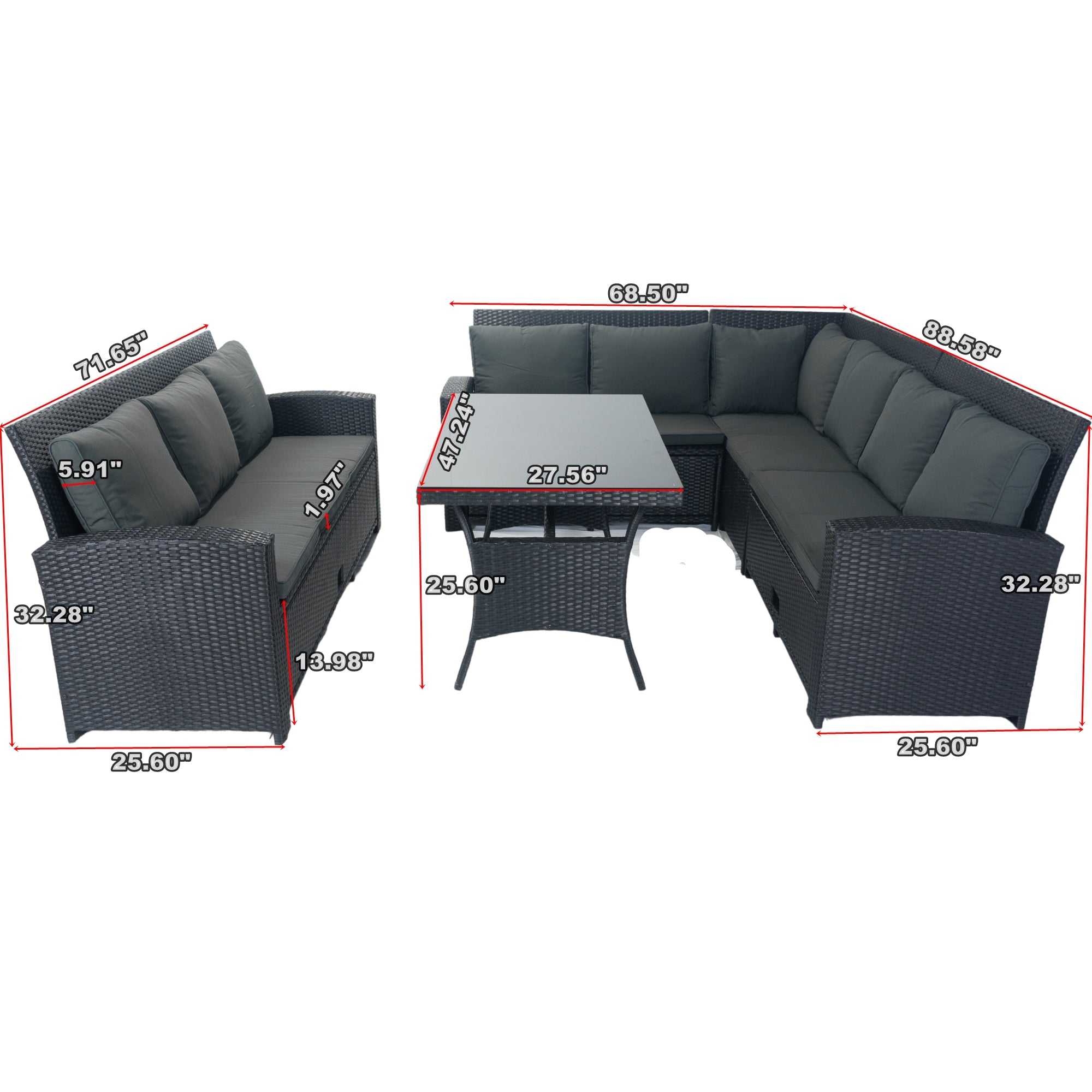 5-Piece Outdoor Patio wicker Conversation Set with 3 Storage Under Seat and Cushion JMELEPCS03B-GR