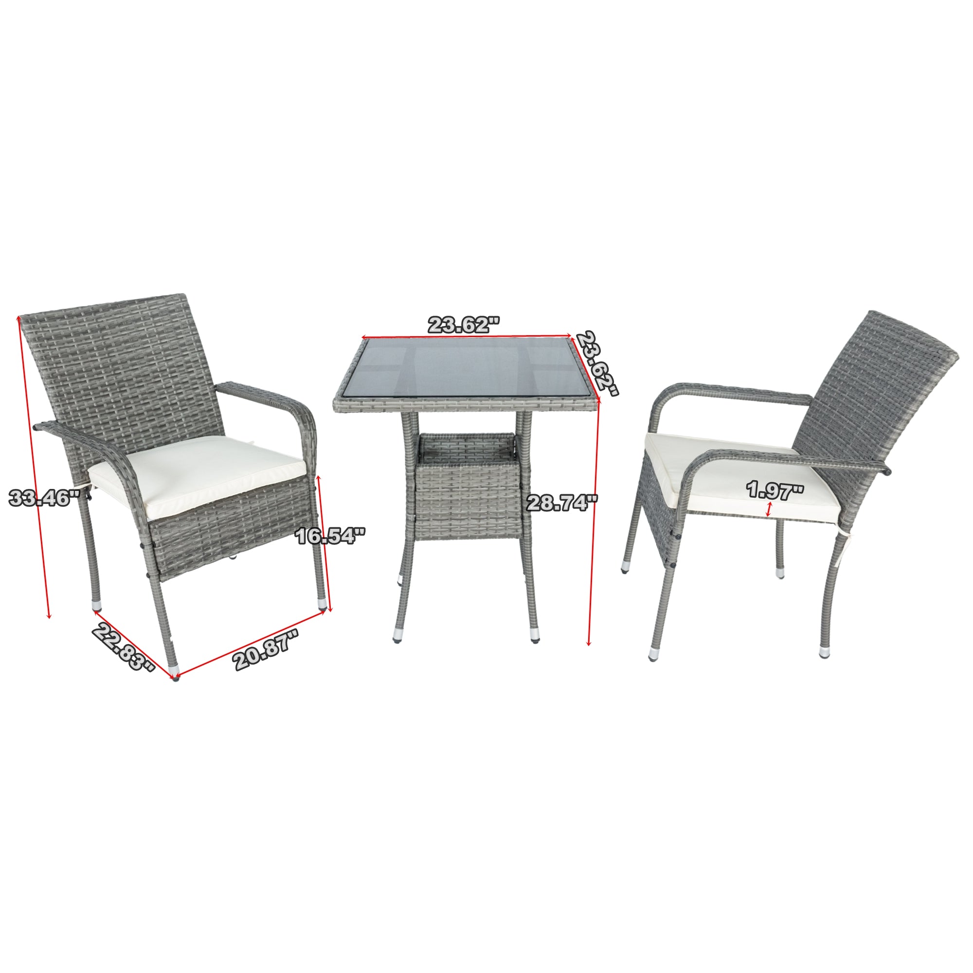 3-Piece Patio Grey Wicker Conversation Set with White Cushion BOELEPCS04GR