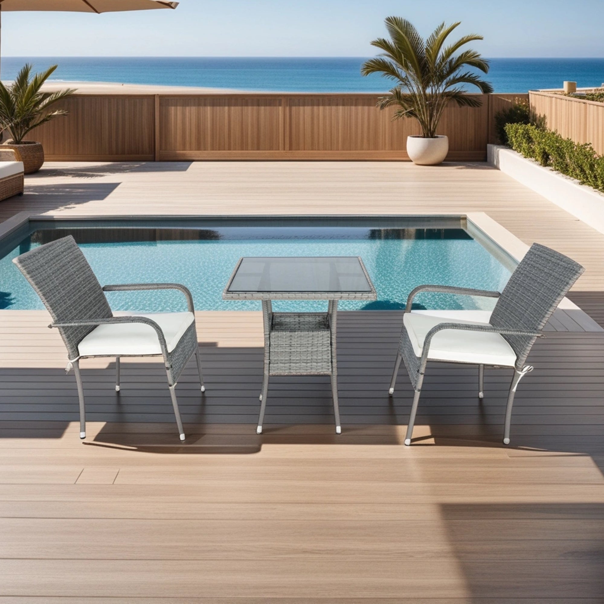3-Piece Patio Grey Wicker Conversation Set with White Cushion BOELEPCS04GR