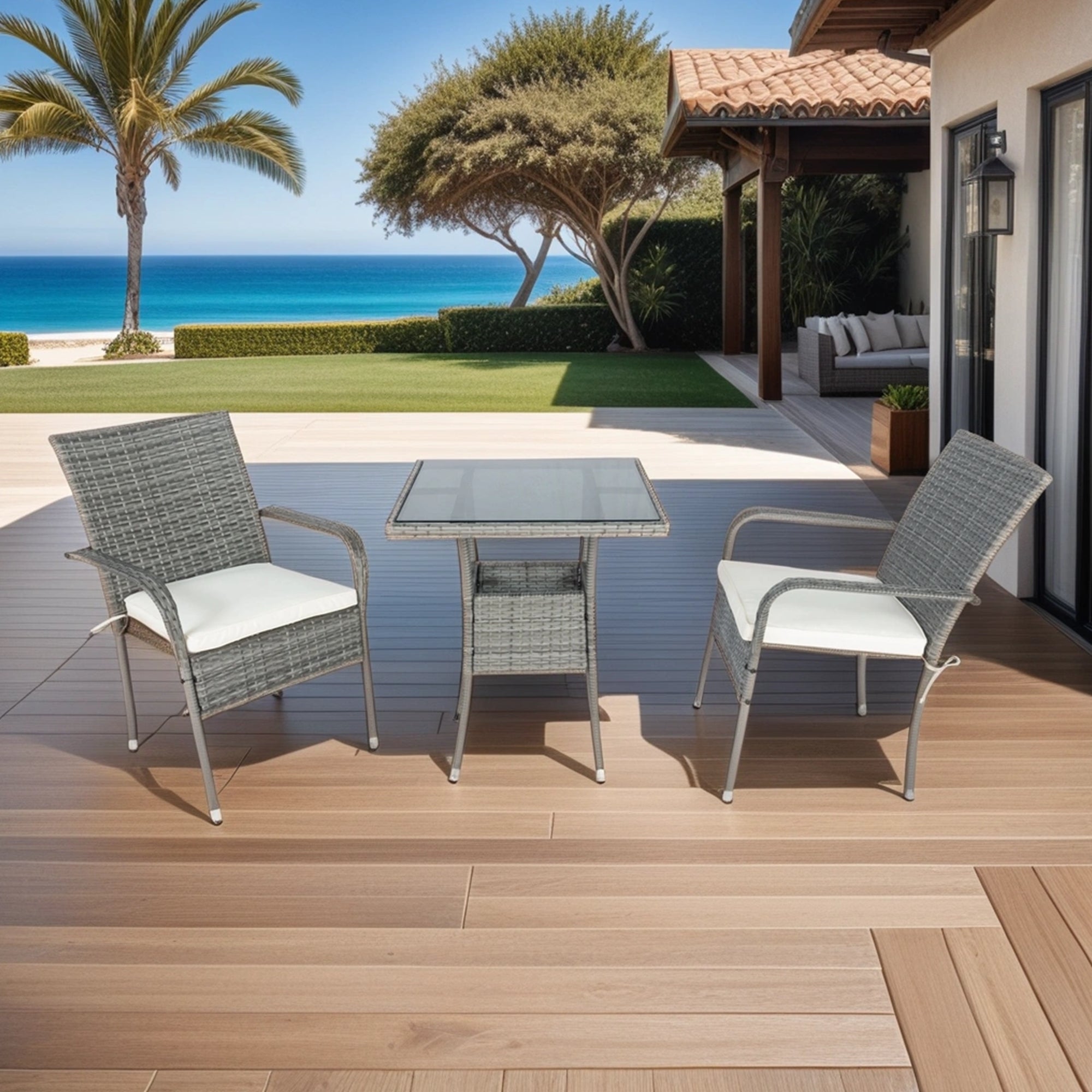3-Piece Patio Grey Wicker Conversation Set with White Cushion BOELEPCS04GR