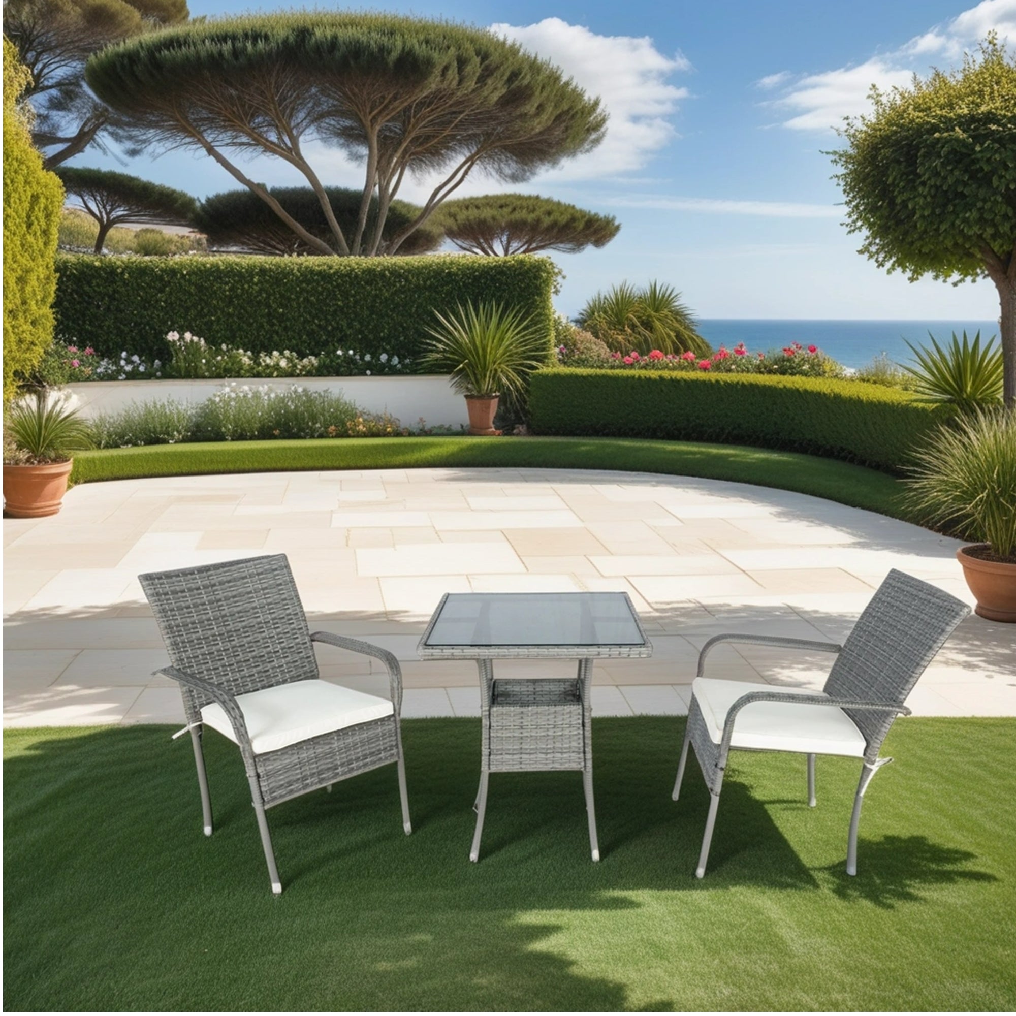 3-Piece Patio Grey Wicker Conversation Set with White Cushion BOELEPCS04GR