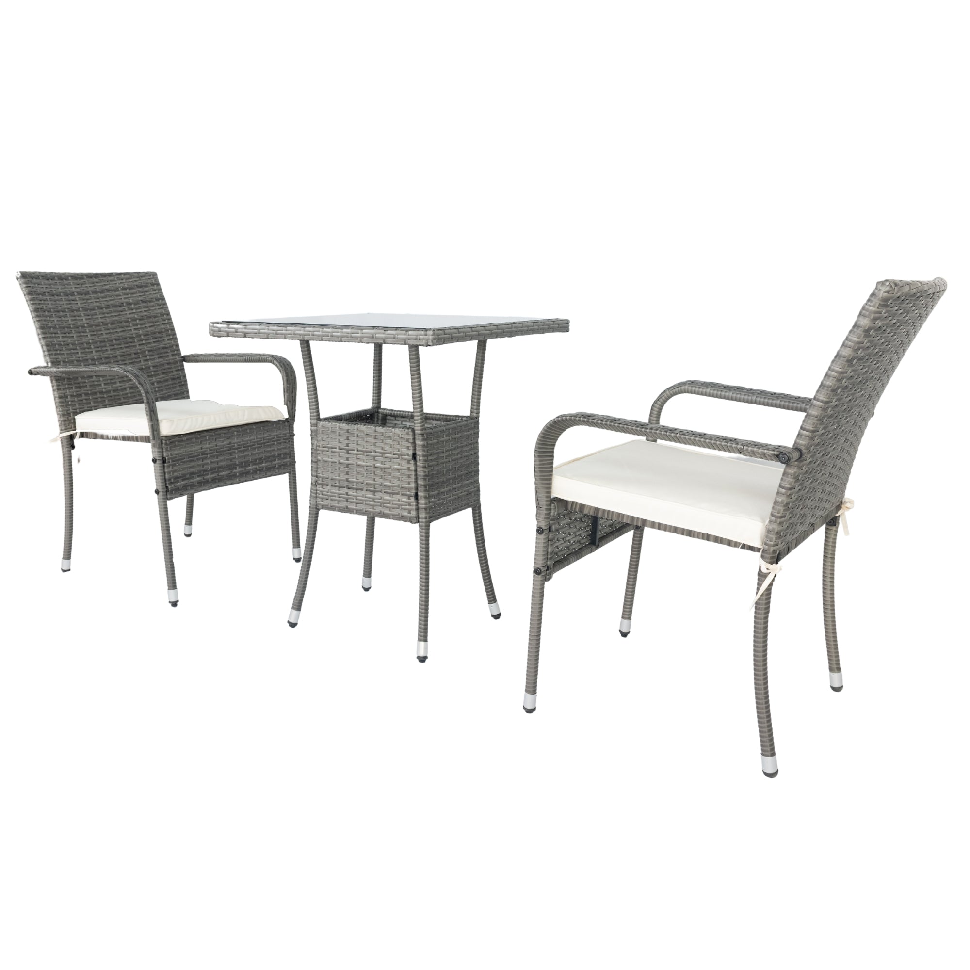 3-Piece Patio Grey Wicker Conversation Set with White Cushion BOELEPCS04GR