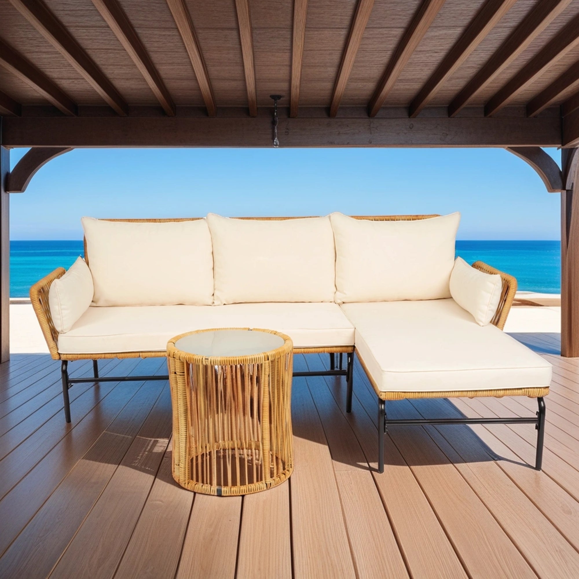 3-Pieces Outdoor Patio Wicker Furniture Sets with Table and Creme Cushion BOELEPS09NY-CR