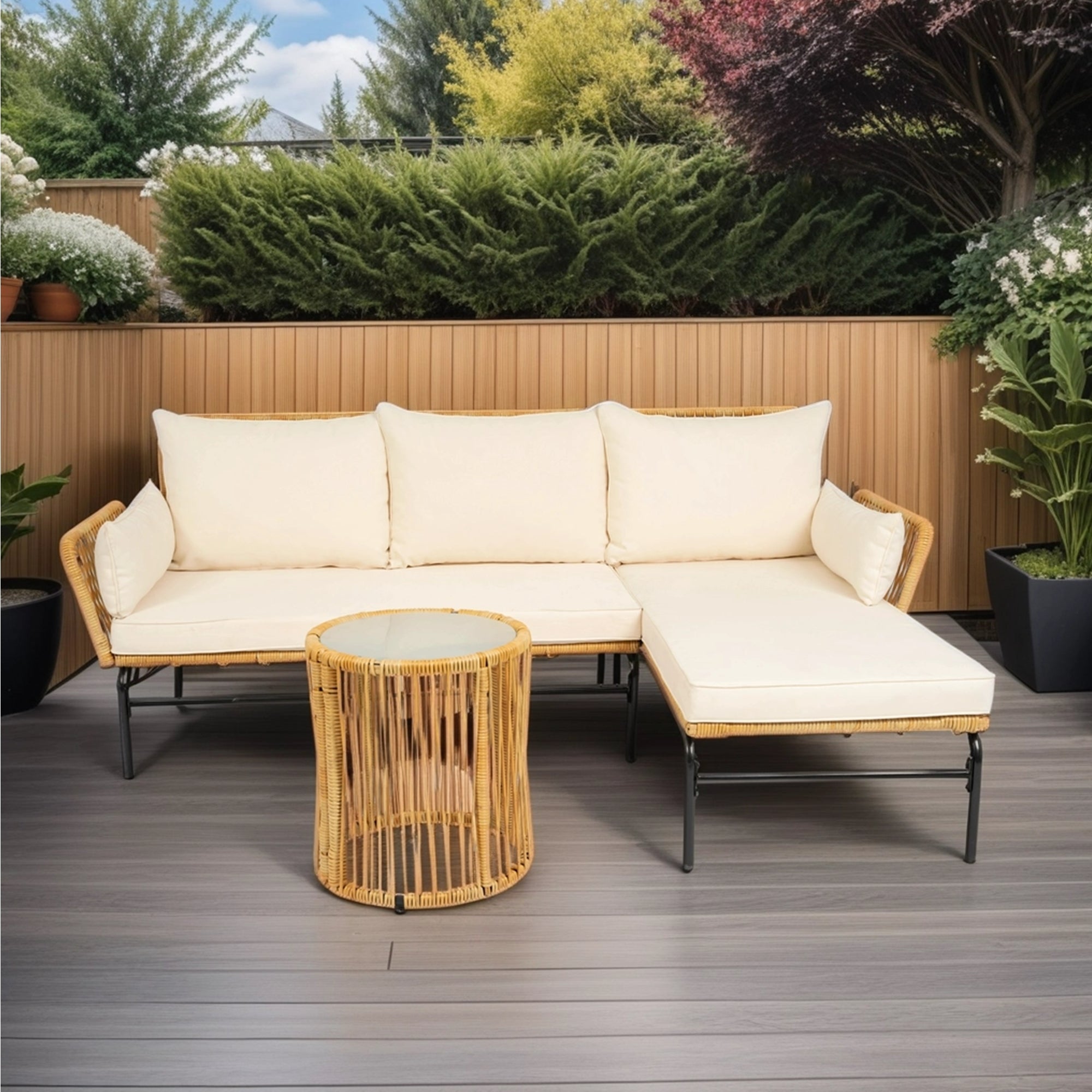 3-Pieces Outdoor Patio Wicker Furniture Sets with Table and Creme Cushion BOELEPS09NY-CR