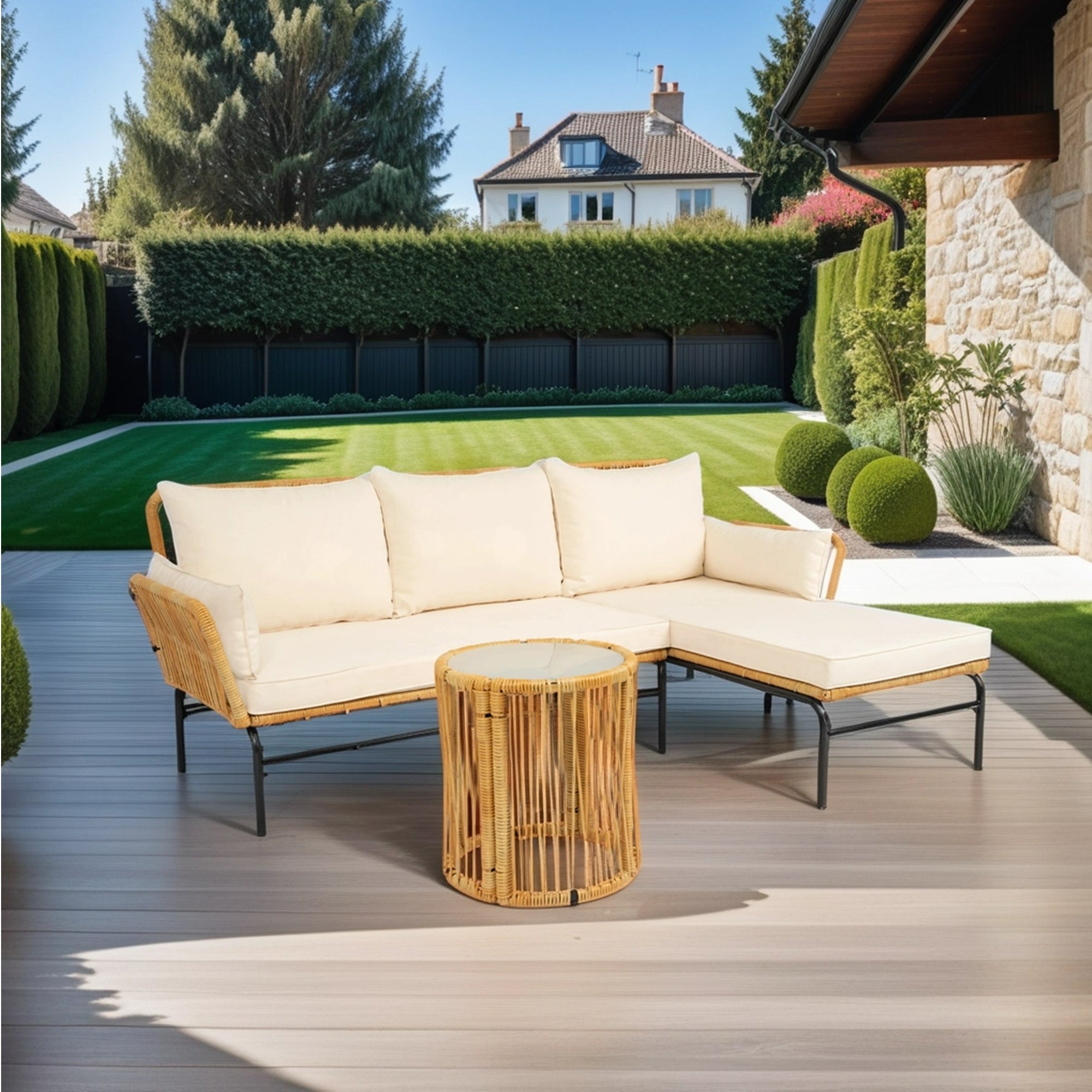 3-Pieces Outdoor Patio Wicker Furniture Sets with Table and Creme Cushion BOELEPS09NY-CR