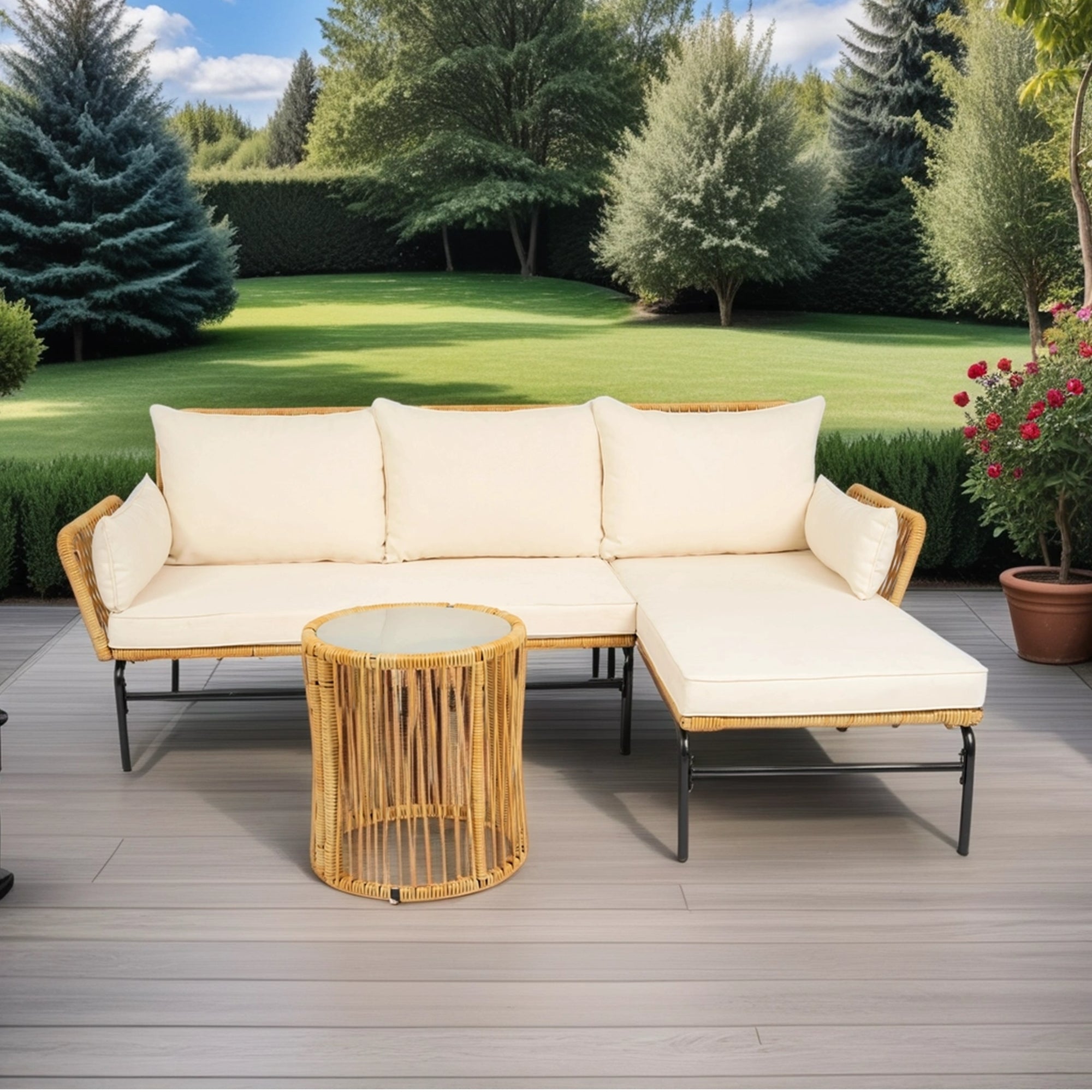 3-Pieces Outdoor Patio Wicker Furniture Sets with Table and Creme Cushion BOELEPS09NY-CR