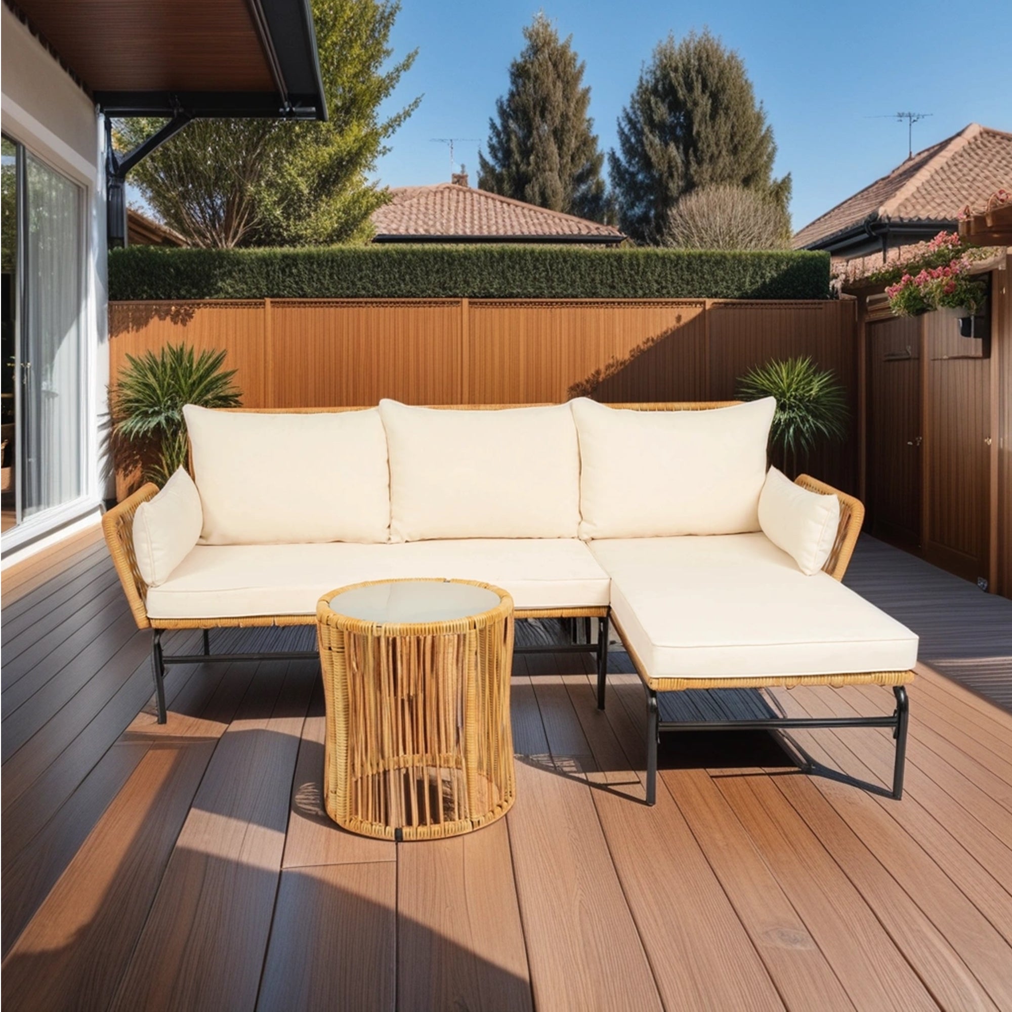 3-Pieces Outdoor Patio Wicker Furniture Sets with Table and Creme Cushion BOELEPS09NY-CR