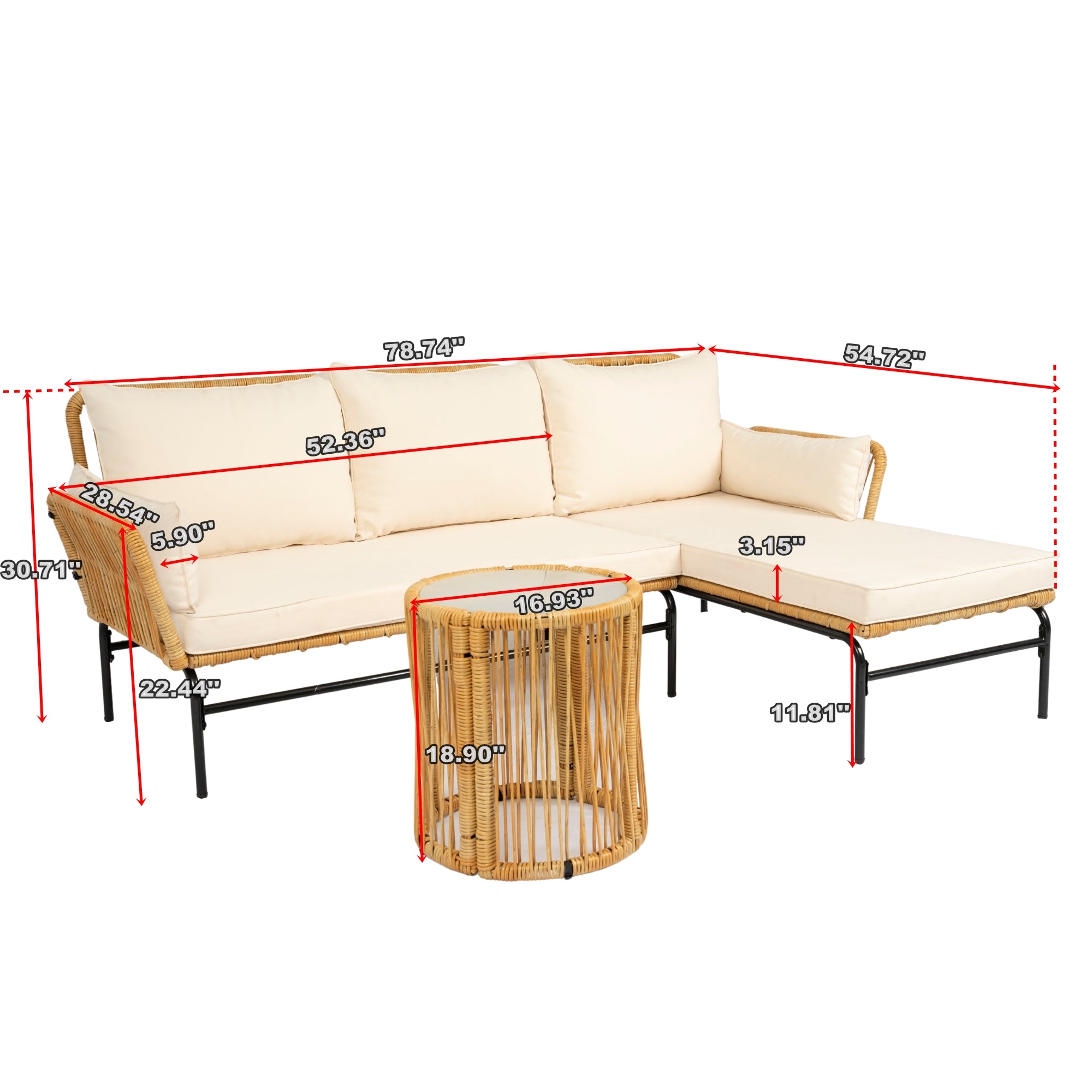 3-Pieces Outdoor Patio Wicker Furniture Sets with Table and Creme Cushion BOELEPS09NY-CR