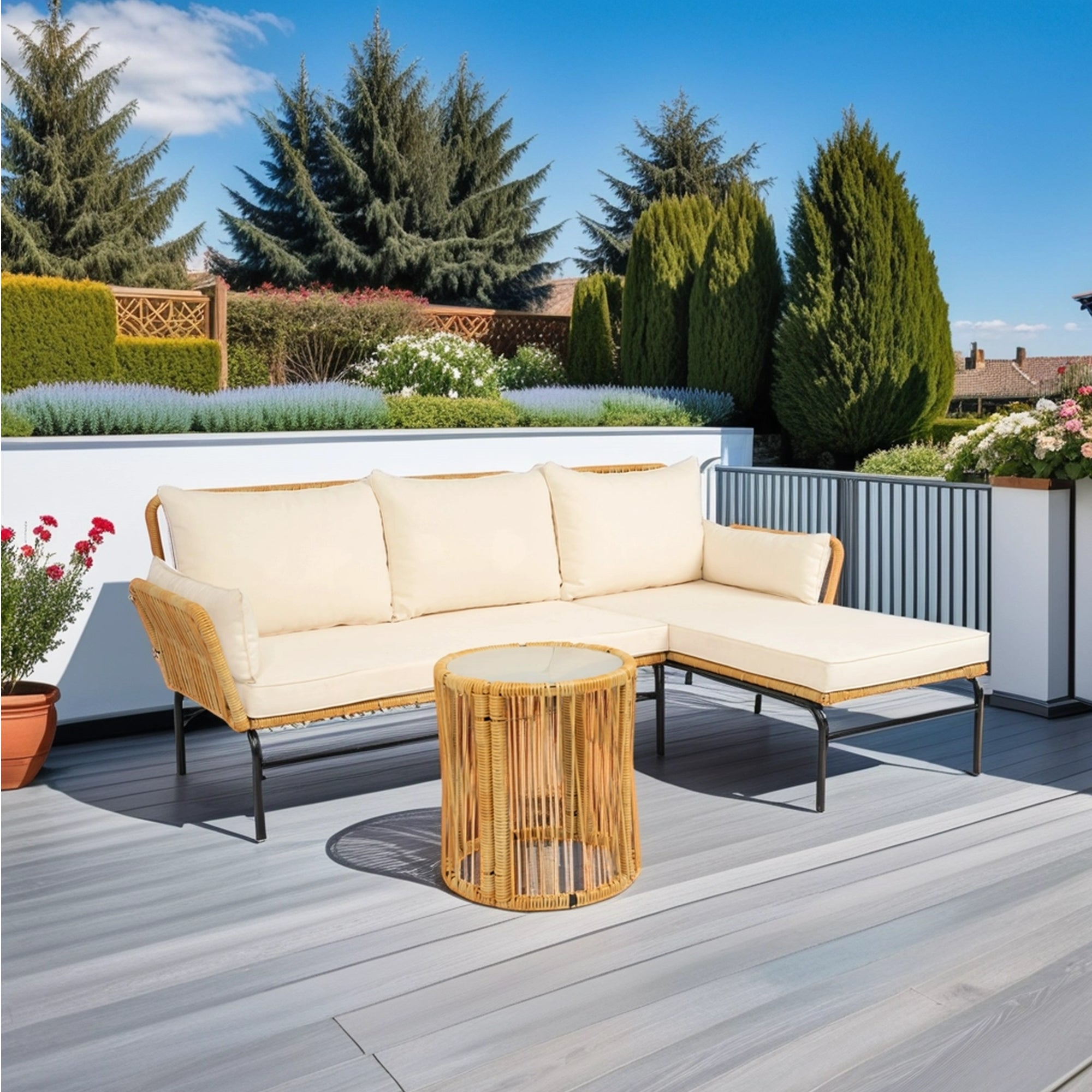 3-Pieces Outdoor Patio Wicker Furniture Sets with Table and Creme Cushion BOELEPS09NY-CR