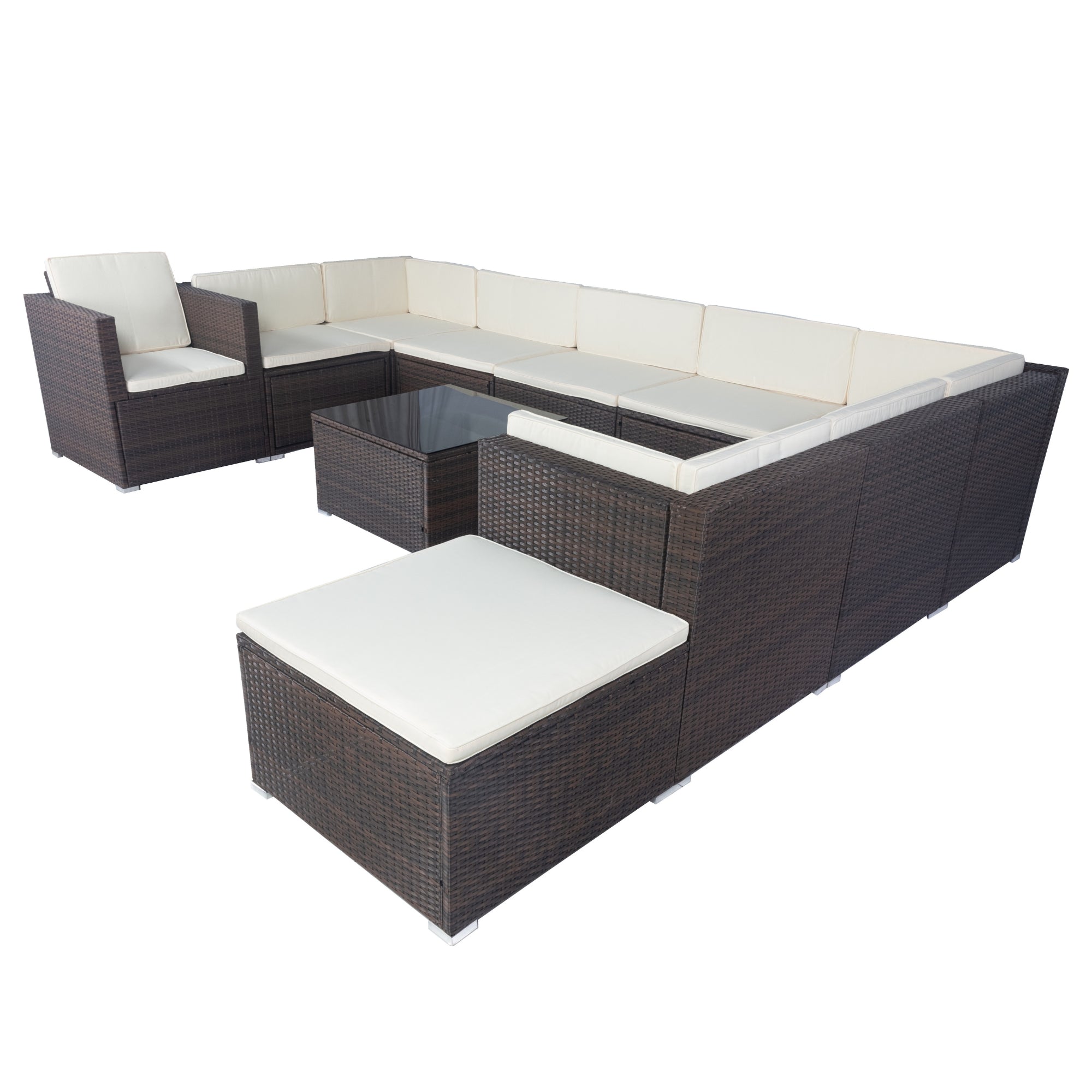 11-Piece Outdoor patio Wicker Conversation Set with 3 Storage Box Under Seat and and White Cushion BOELEPS12BRO-W