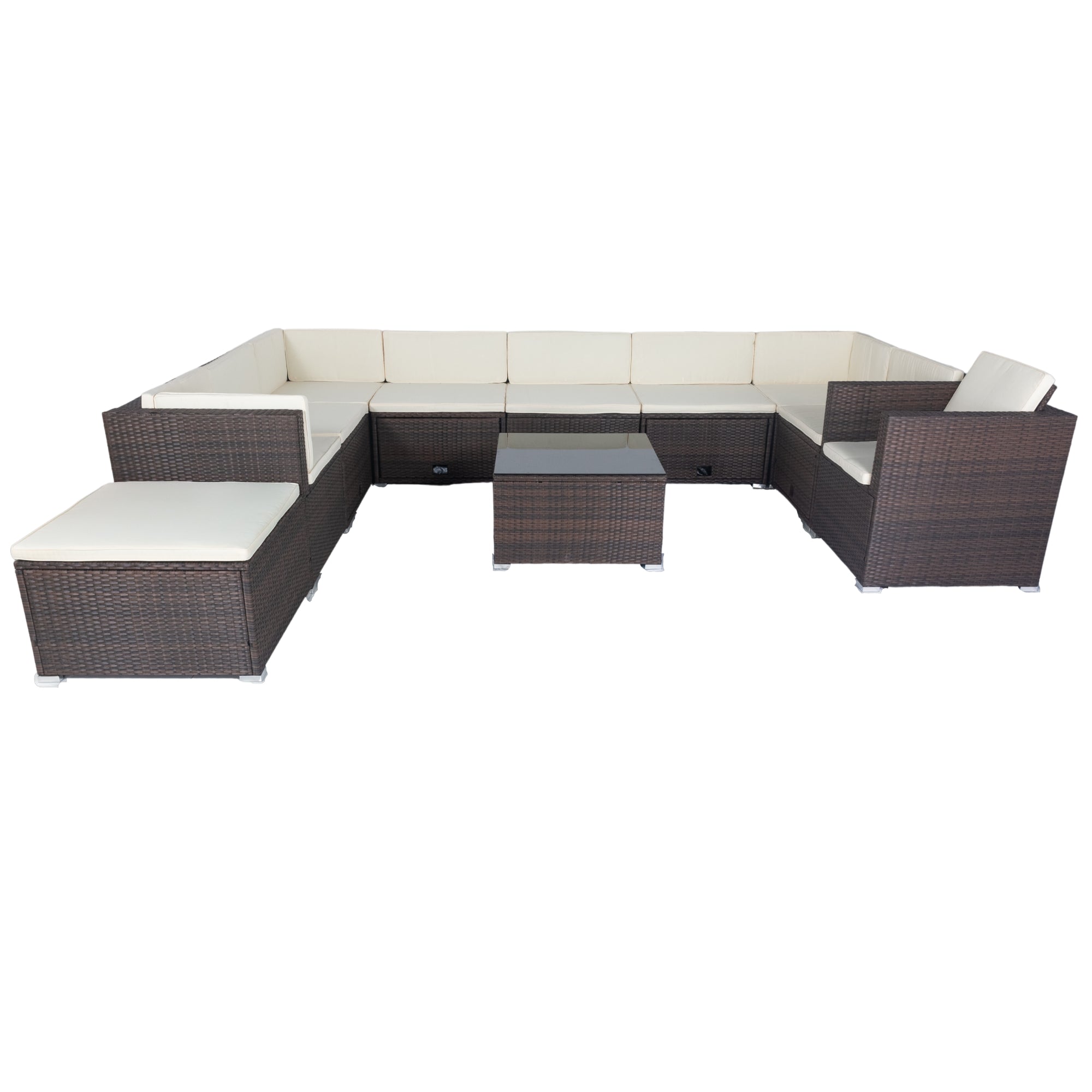 11-Piece Outdoor patio Wicker Conversation Set with 3 Storage Box Under Seat and and White Cushion BOELEPS12BRO-W