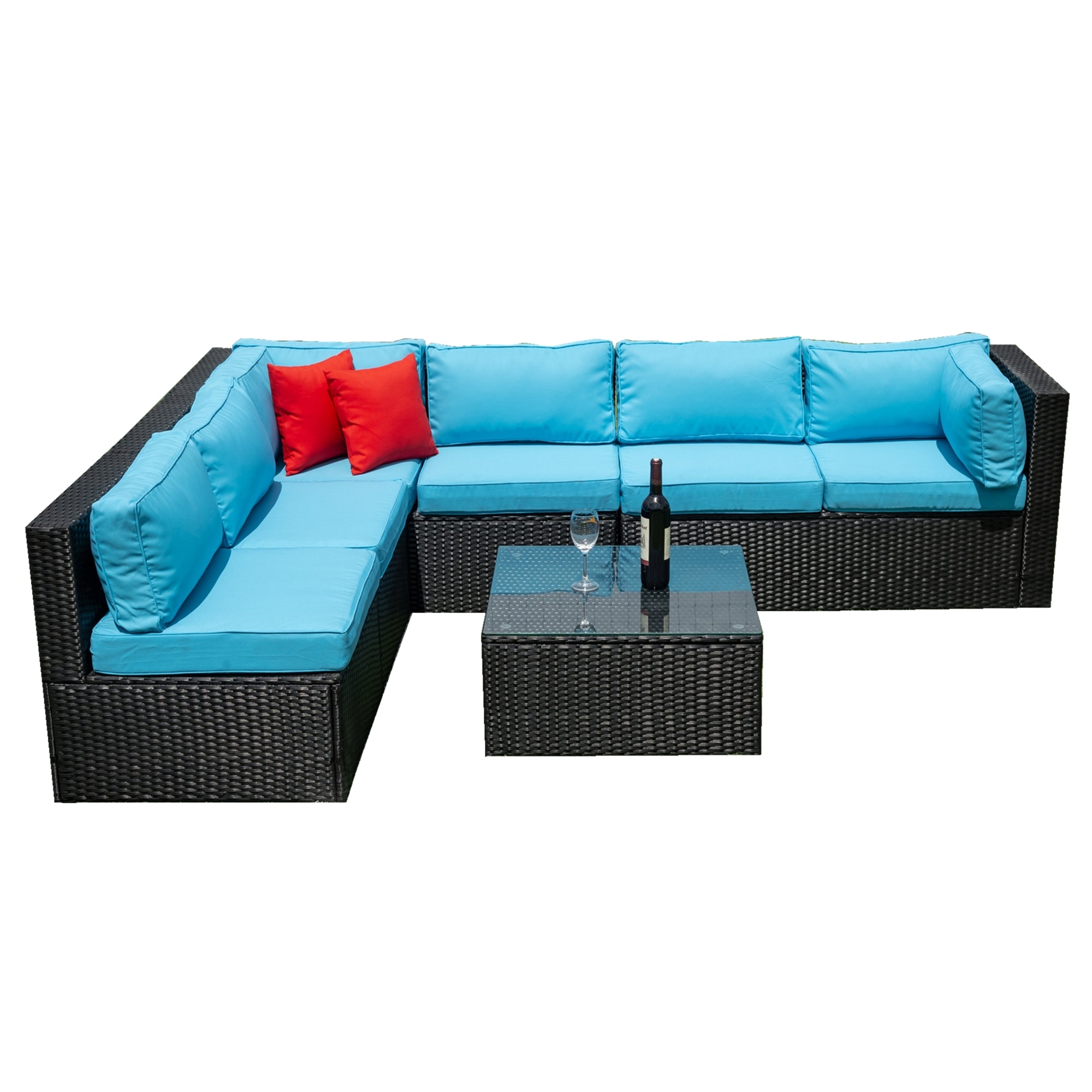 5-Pieces Outdoor PE Rattan sectional Sofa Set with 2 Pillows and Blue Cushion BOELEPS14B-BL
