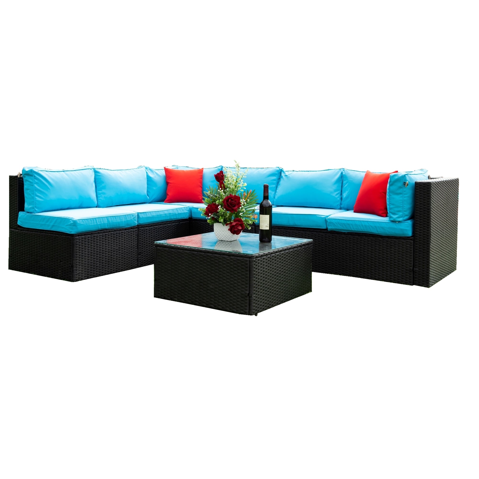 5-Pieces Outdoor PE Rattan sectional Sofa Set with 2 Pillows and Blue Cushion BOELEPS14B-BL