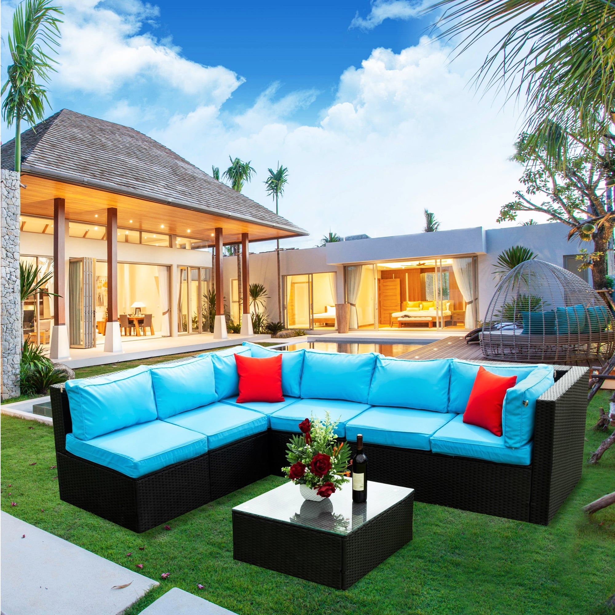 5-Pieces Outdoor PE Rattan sectional Sofa Set with 2 Pillows and Blue Cushion BOELEPS14B-BL