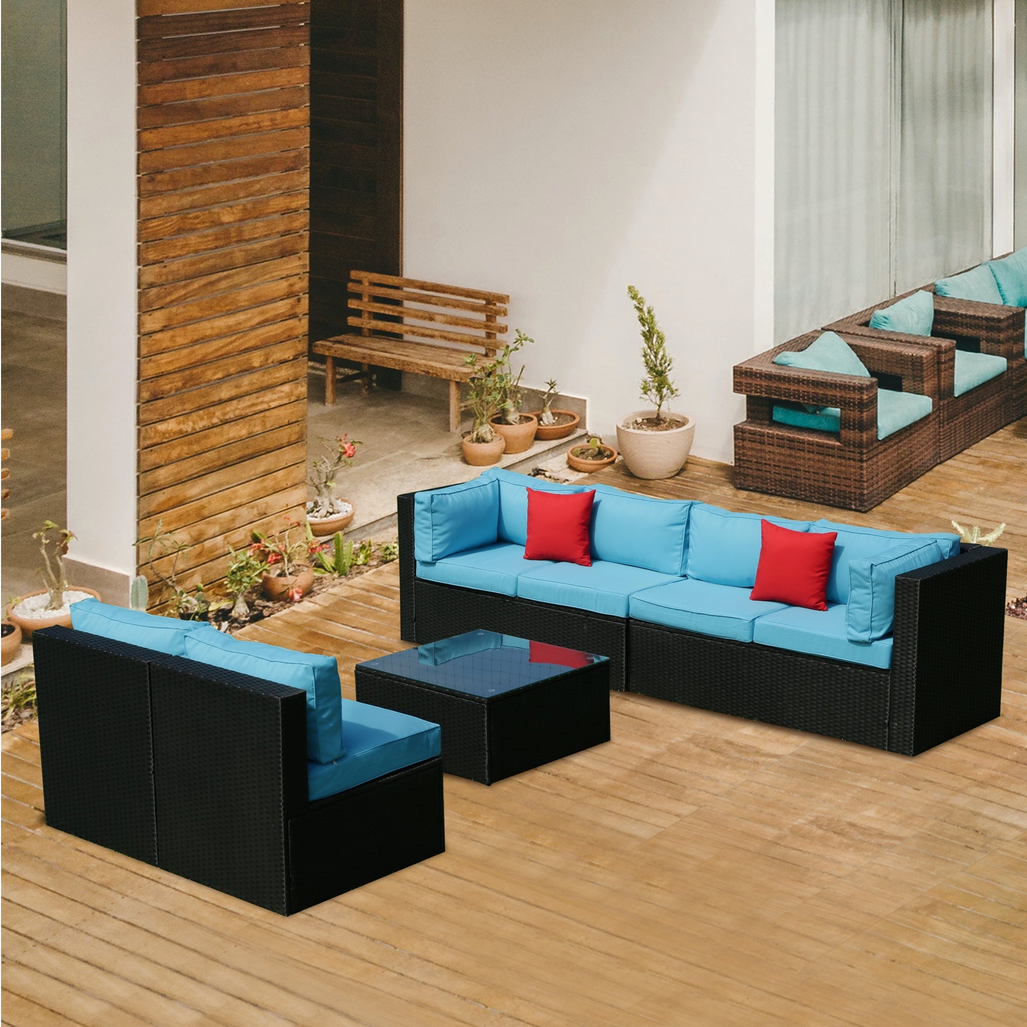 5-Pieces Outdoor PE Rattan sectional Sofa Set with 2 Pillows and Blue Cushion BOELEPS14B-BL