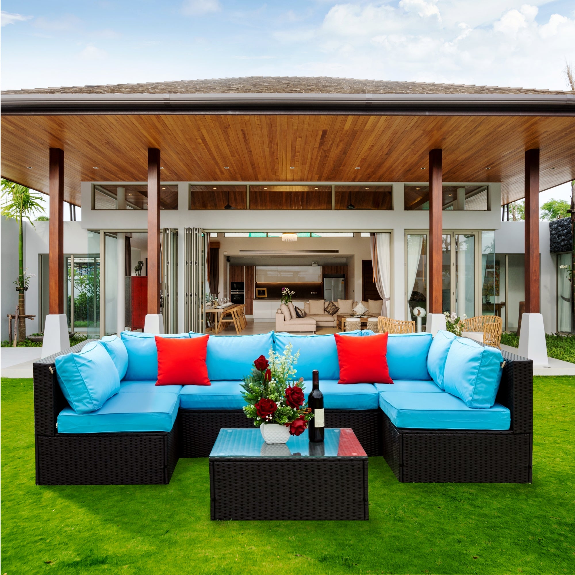 5-Pieces Outdoor PE Rattan sectional Sofa Set with 2 Pillows and Blue Cushion BOELEPS14B-BL