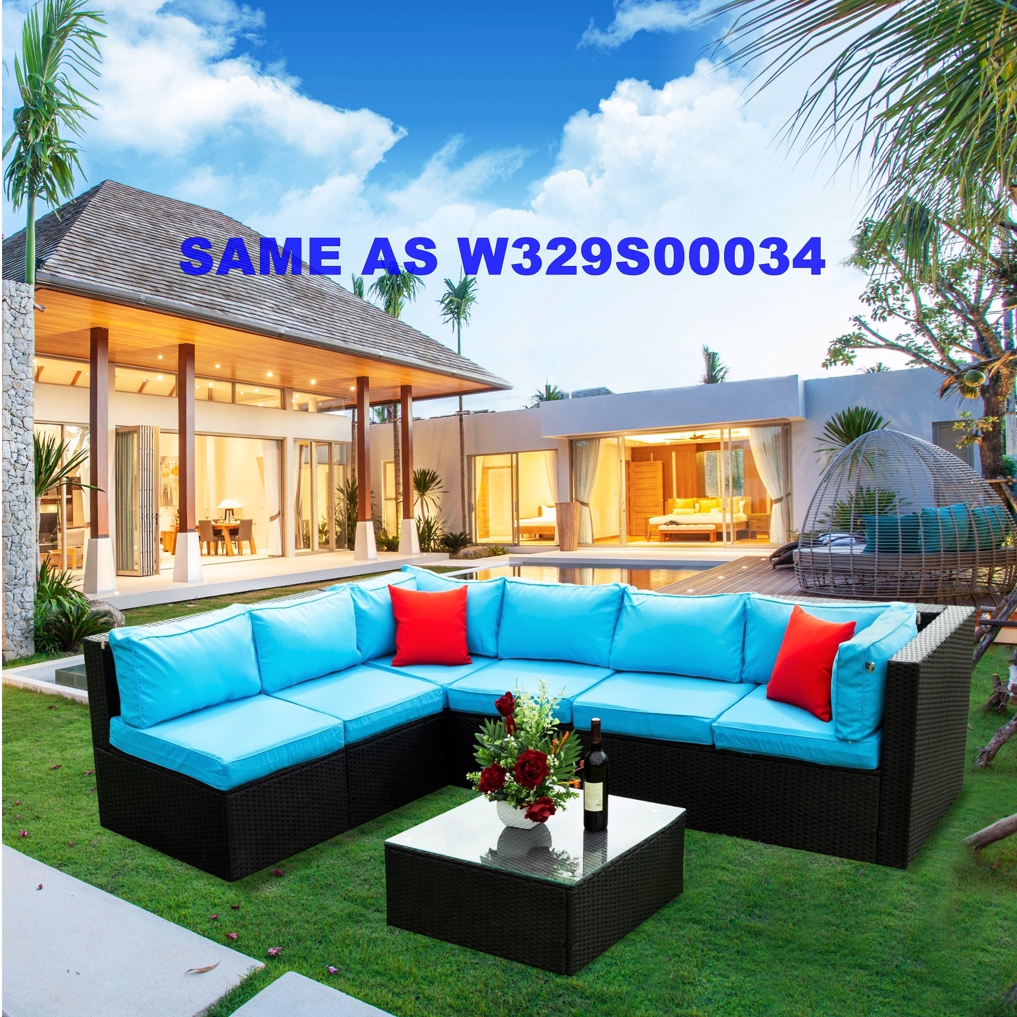 5-Pieces Outdoor PE Rattan sectional Sofa Set with 2 Pillows and Blue Cushion BOELEPS14B-BL