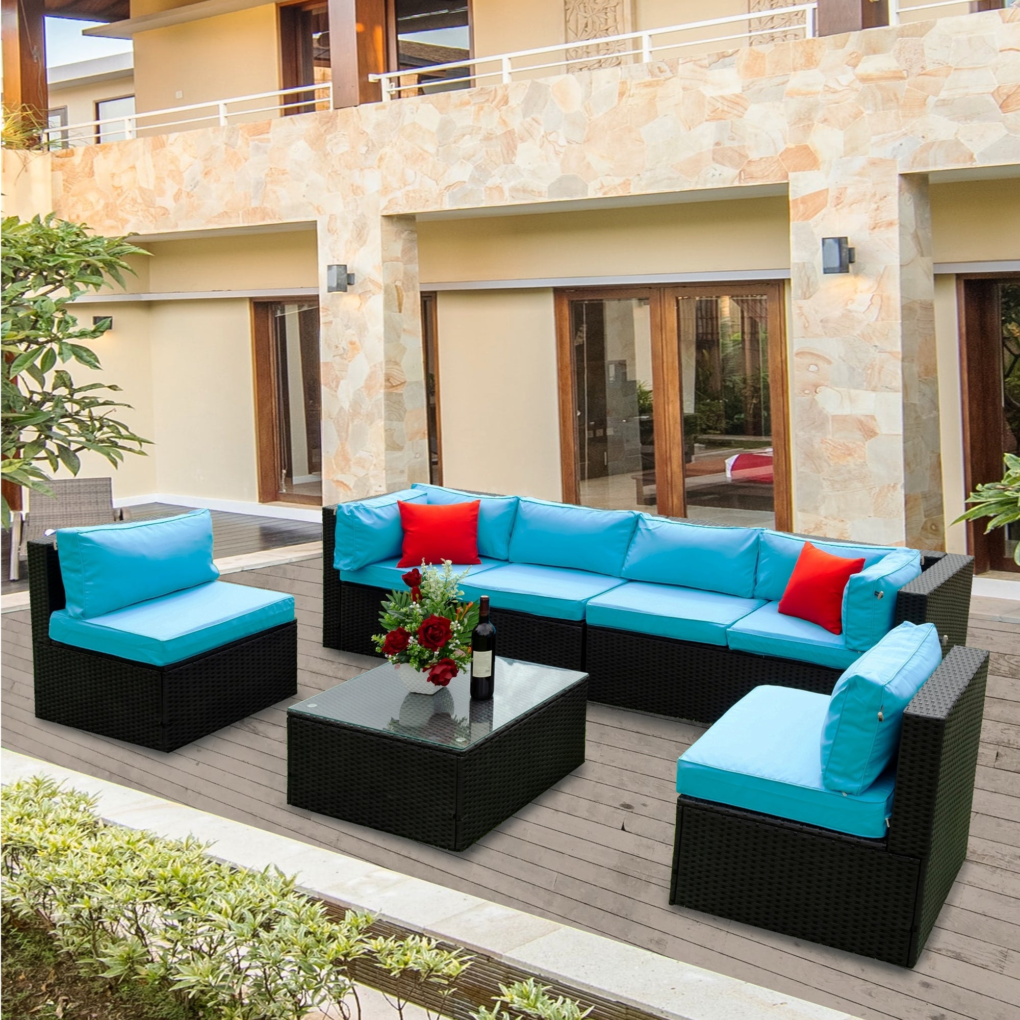 5-Pieces Outdoor PE Rattan sectional Sofa Set with 2 Pillows and Blue Cushion BOELEPS14B-BL