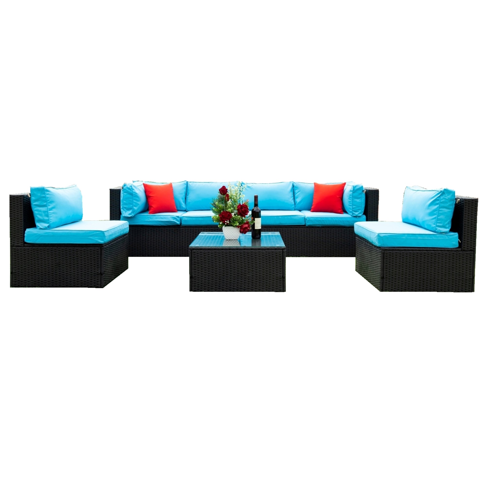 5-Pieces Outdoor PE Rattan sectional Sofa Set with 2 Pillows and Blue Cushion BOELEPS14B-BL