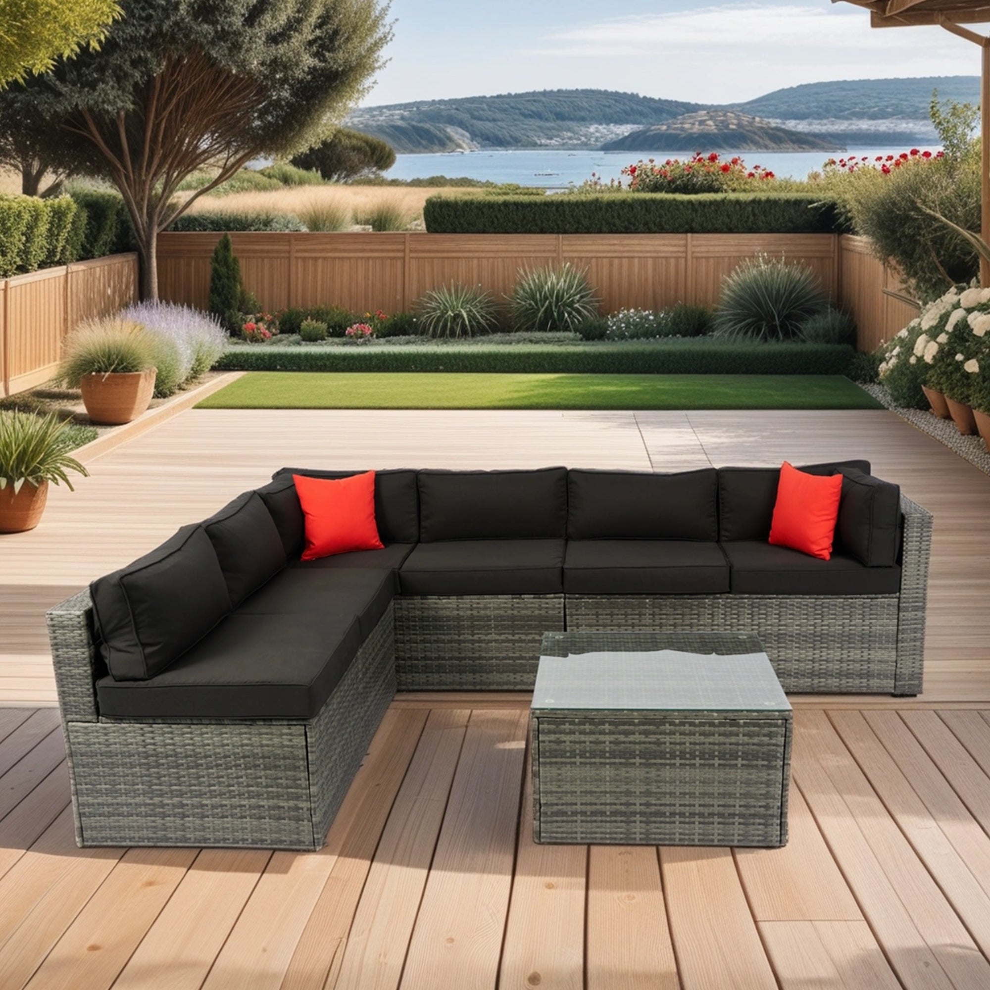 5-Pieces Outdoor PE Rattan sectional Sofa Set with 2 Pillows and Cushion BOELEPS14GR-B
