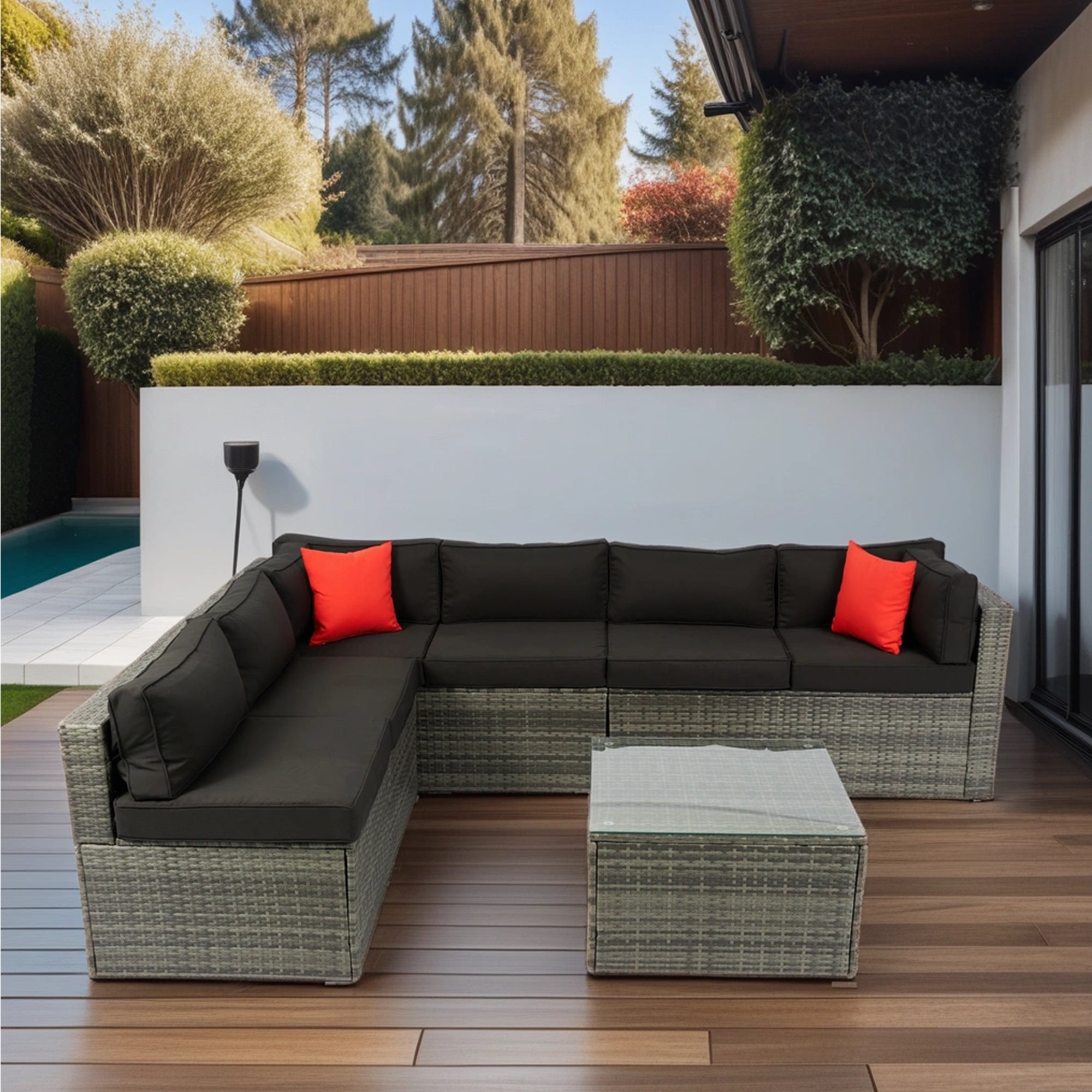 5-Pieces Outdoor PE Rattan sectional Sofa Set with 2 Pillows and Cushion BOELEPS14GR-B
