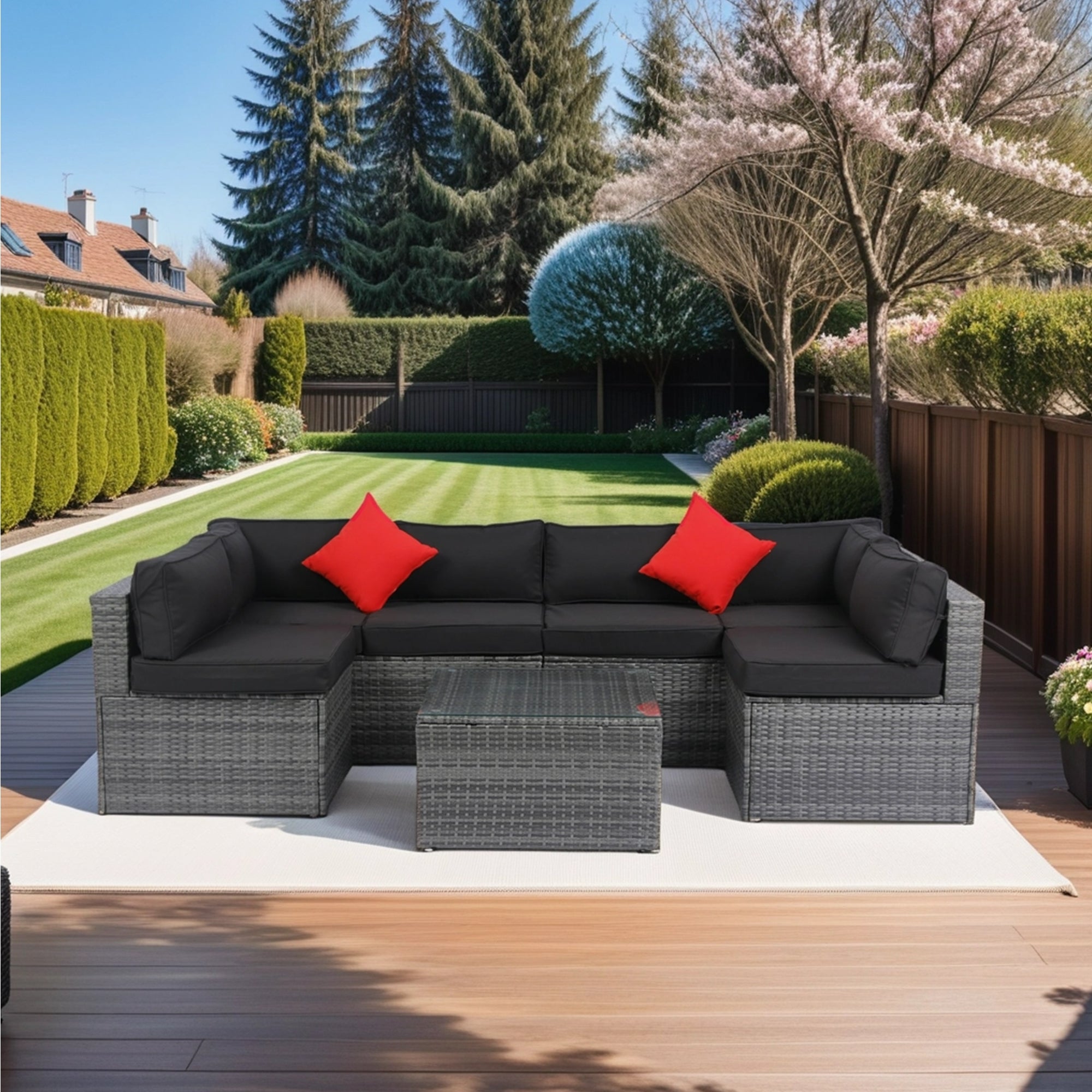 5-Pieces Outdoor PE Rattan sectional Sofa Set with 2 Pillows and Cushion BOELEPS14GR-B