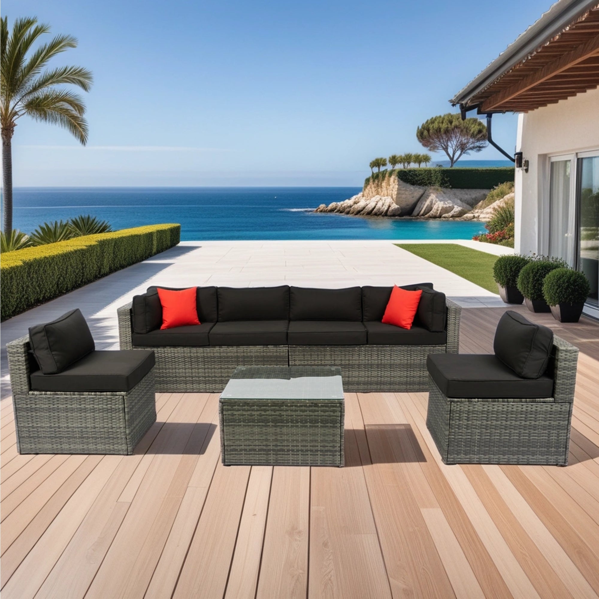 5-Pieces Outdoor PE Rattan sectional Sofa Set with 2 Pillows and Cushion BOELEPS14GR-B