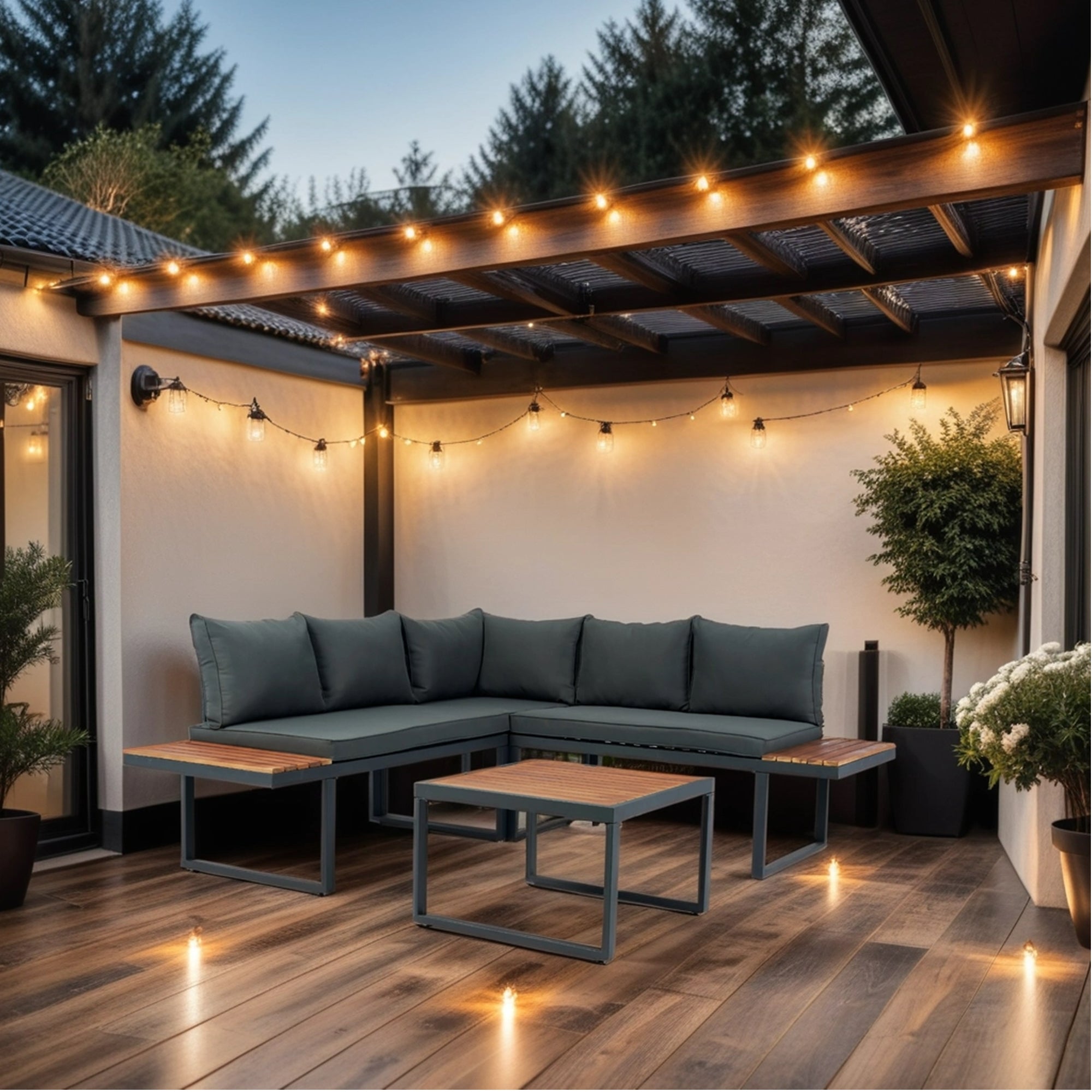 4-Piece Outdoor Patio L-Shaped Sectional Sofa with Side Table and Dark Grey Cushions BOELEPS15GR