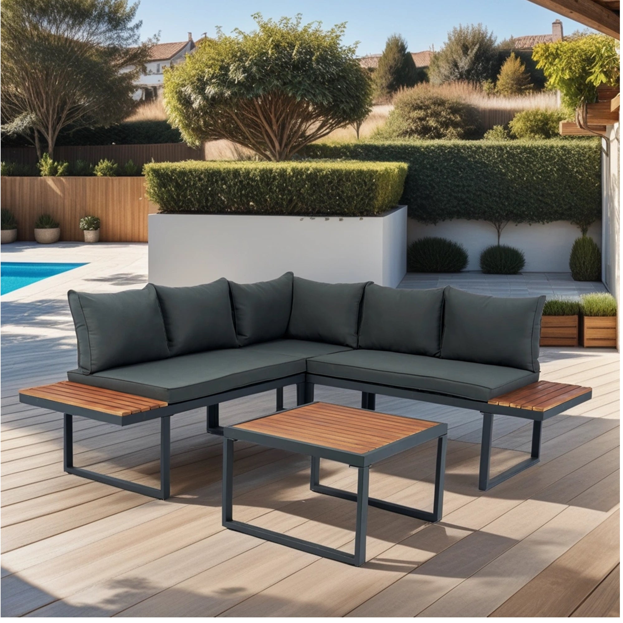 4-Piece Outdoor Patio L-Shaped Sectional Sofa with Side Table and Dark Grey Cushions BOELEPS15GR