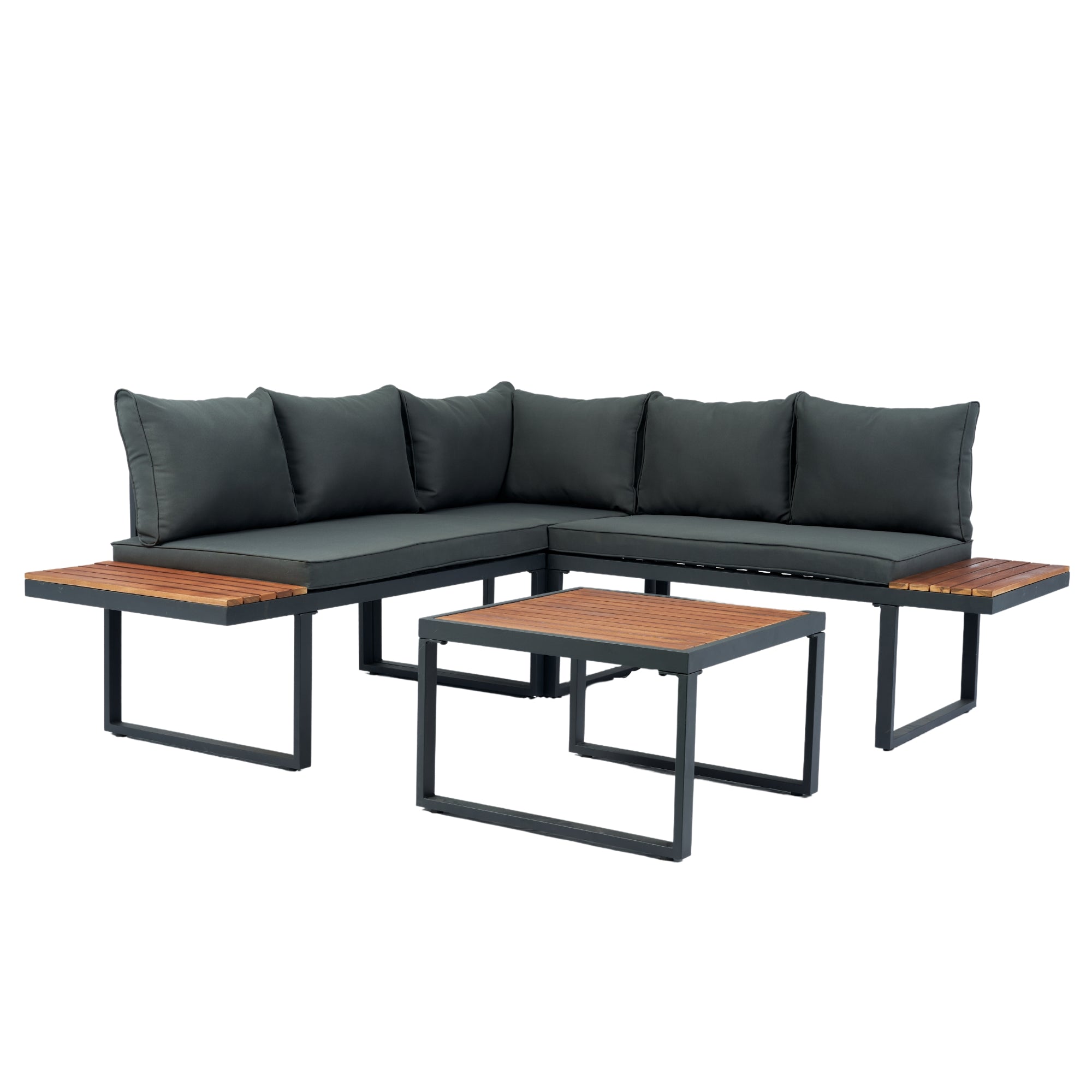 4-Piece Outdoor Patio L-Shaped Sectional Sofa with Side Table and Dark Grey Cushions BOELEPS15GR