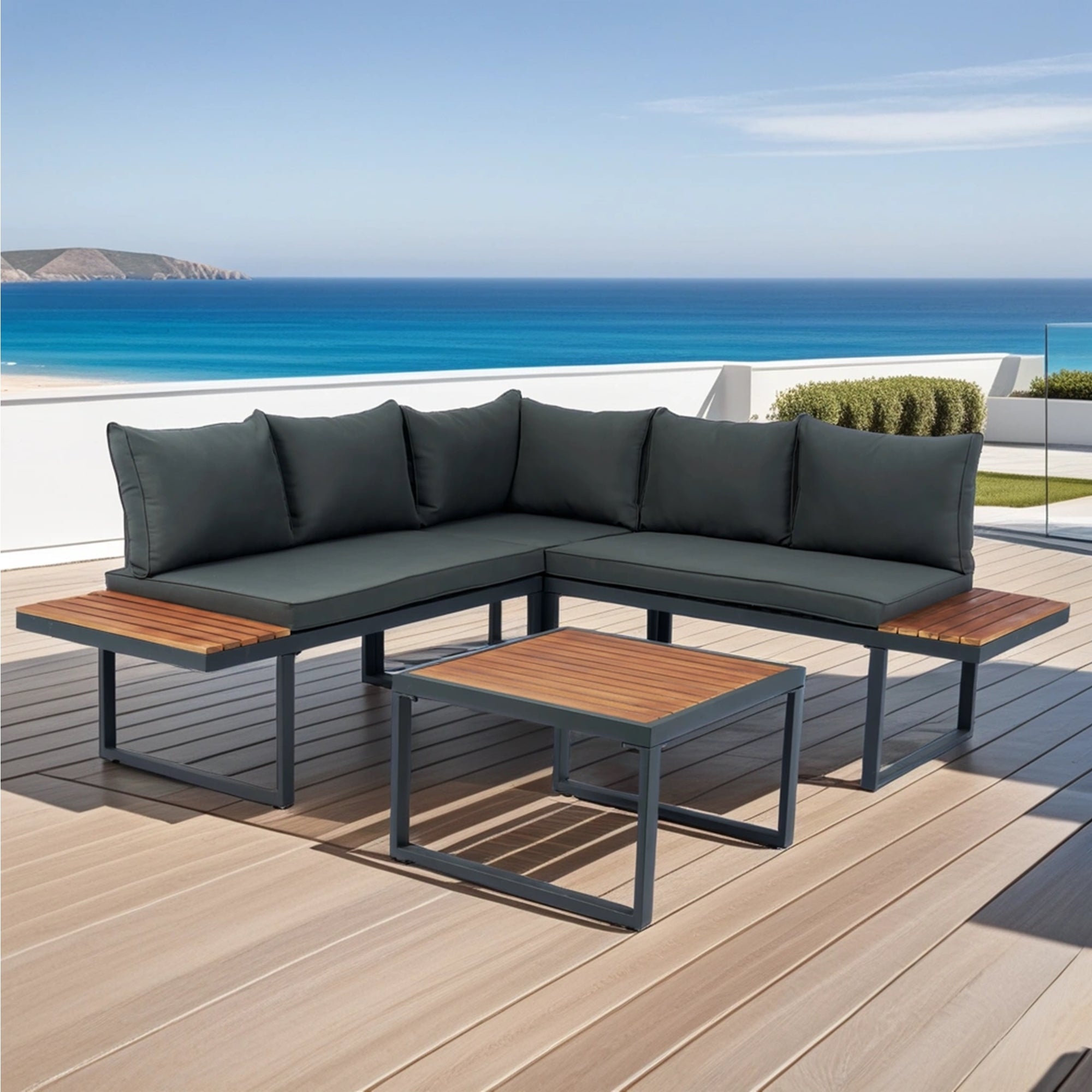 4-Piece Outdoor Patio L-Shaped Sectional Sofa with Side Table and Dark Grey Cushions BOELEPS15GR