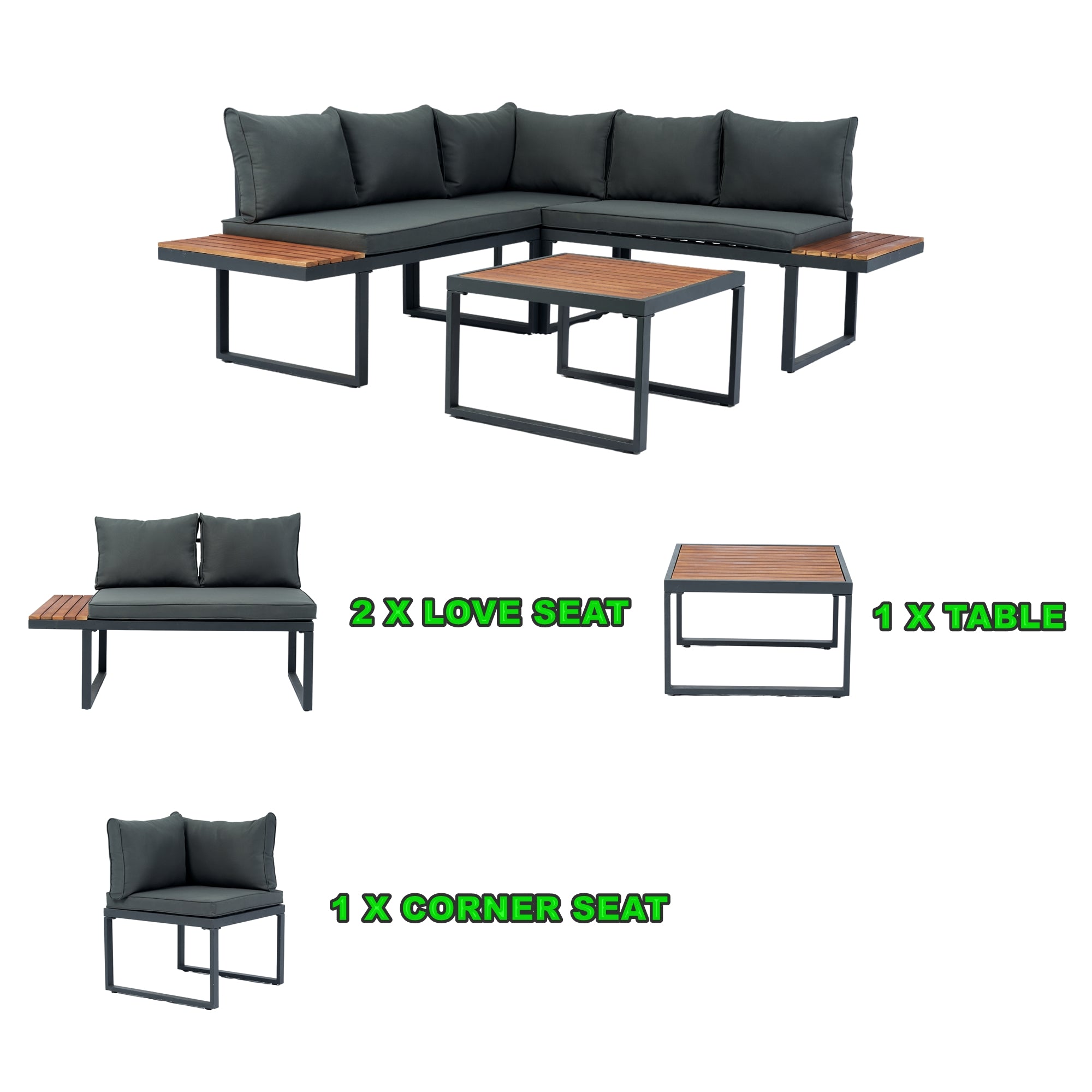 4-Piece Outdoor Patio L-Shaped Sectional Sofa with Side Table and Dark Grey Cushions BOELEPS15GR