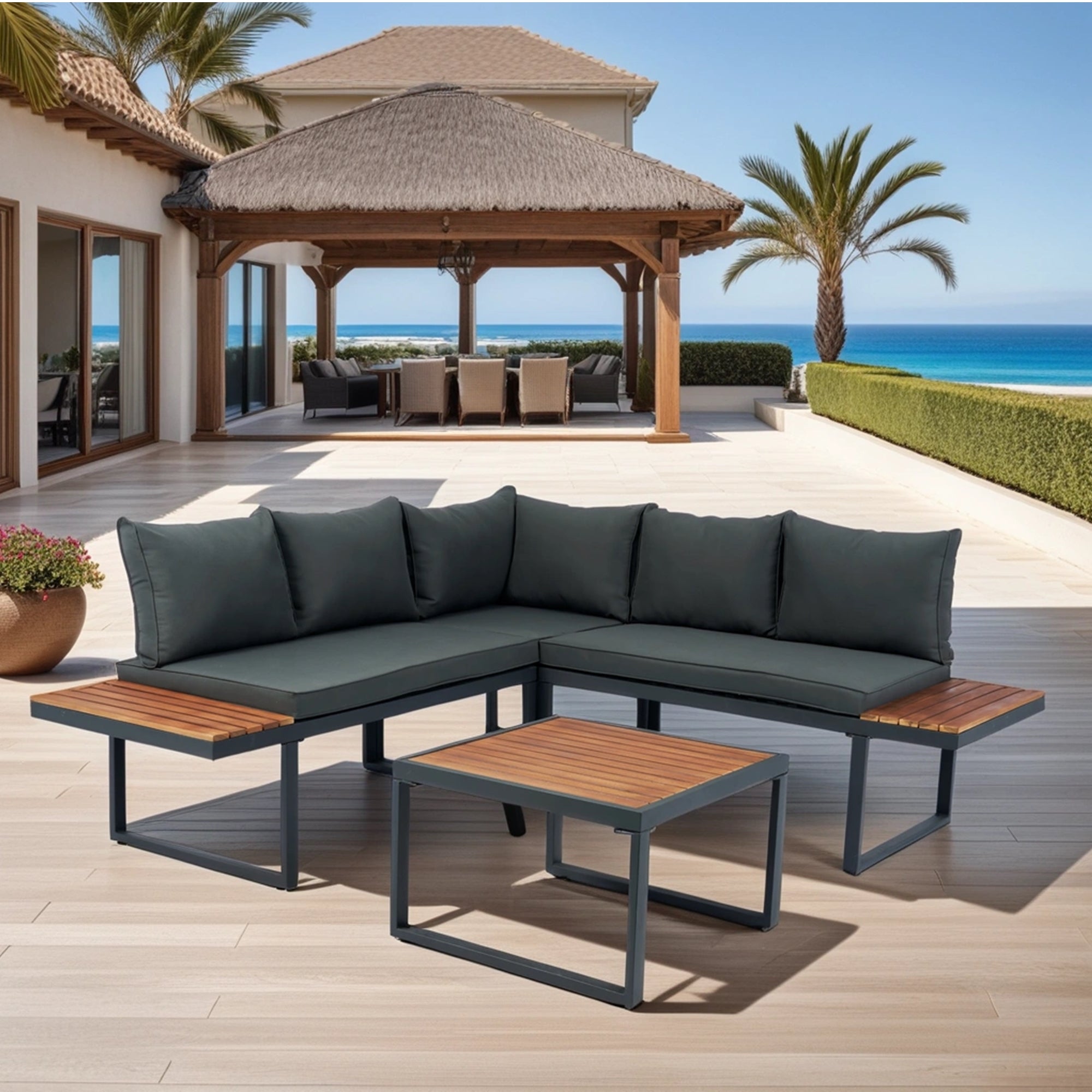 4-Piece Outdoor Patio L-Shaped Sectional Sofa with Side Table and Dark Grey Cushions BOELEPS15GR