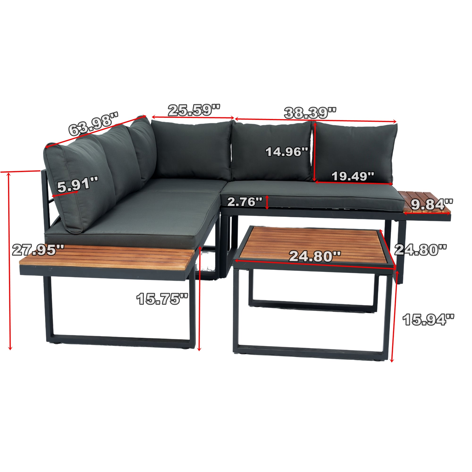 4-Piece Outdoor Patio L-Shaped Sectional Sofa with Side Table and Dark Grey Cushions BOELEPS15GR