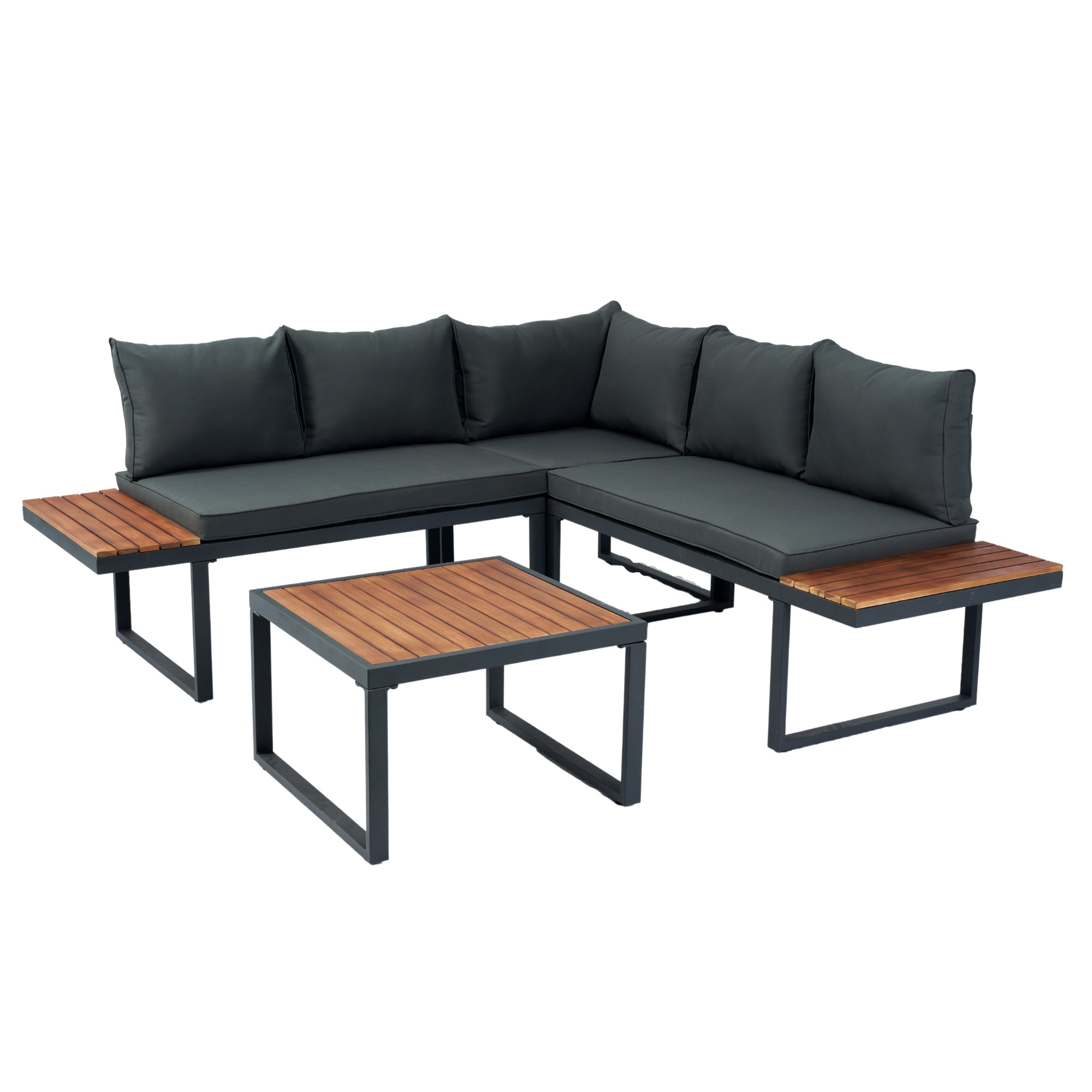 4-Piece Outdoor Patio L-Shaped Sectional Sofa with Side Table and Dark Grey Cushions BOELEPS15GR