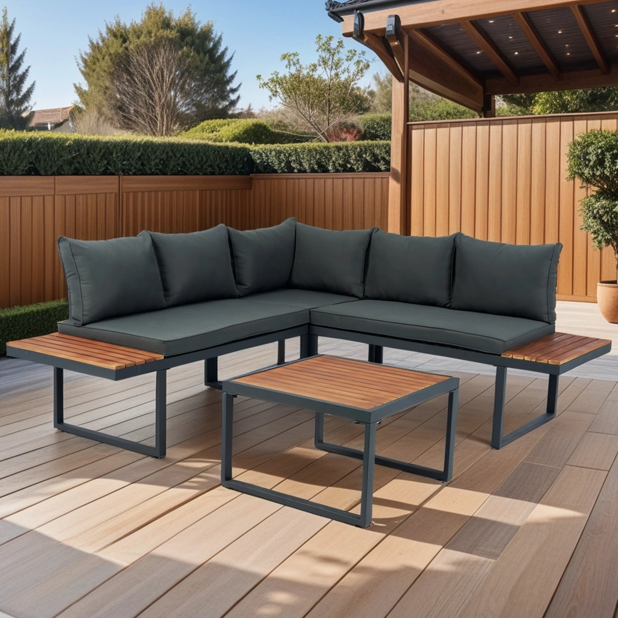 4-Piece Outdoor Patio L-Shaped Sectional Sofa with Side Table and Dark Grey Cushions BOELEPS15GR