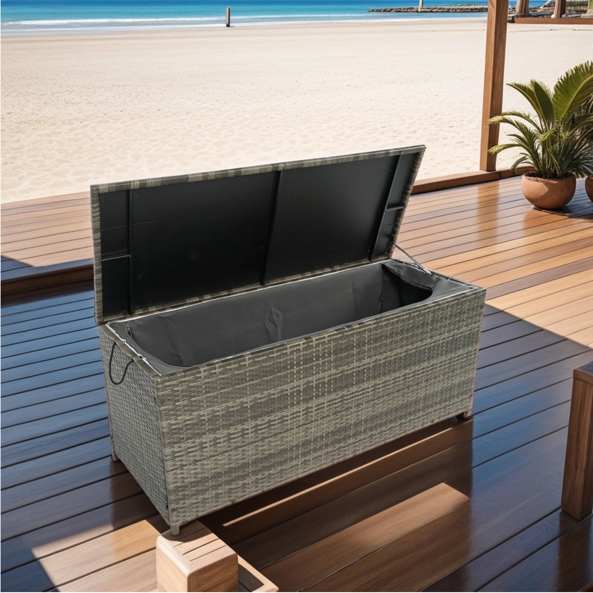 113 Gal. Black Wicker Outdoor Deck Boxes with Lid BOELEPSTG01GRA