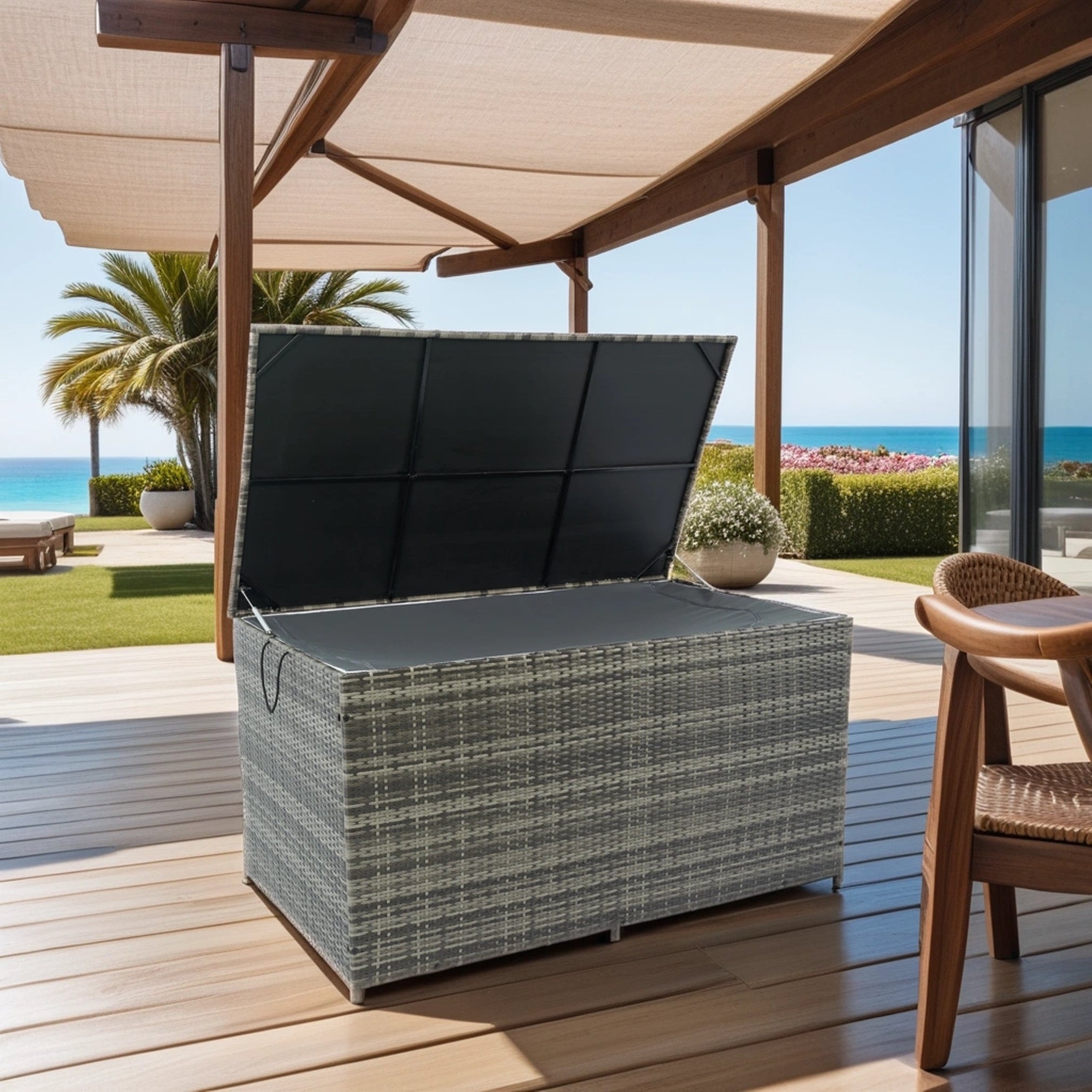 200 Gal. Gray Wicker Outdoor Deck Boxes with Lid BOELEPSTG02GR