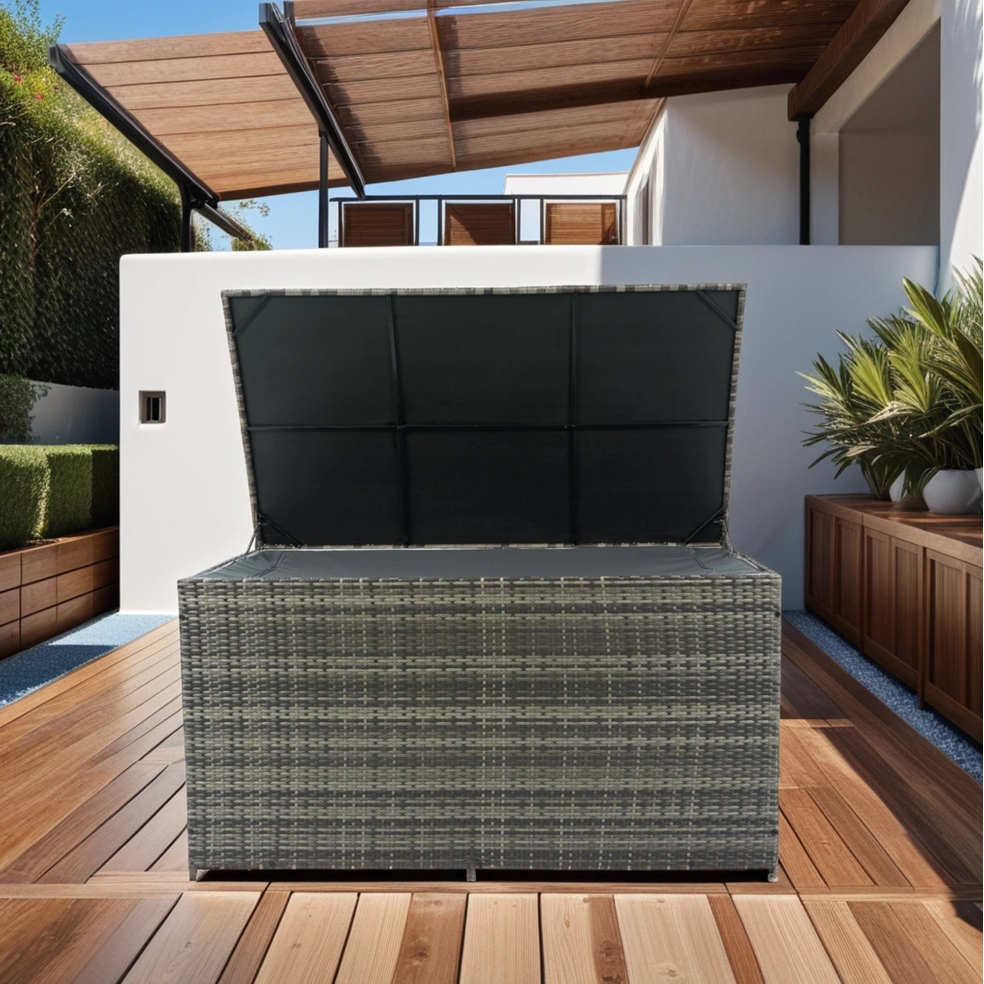 200 Gal. Gray Wicker Outdoor Deck Boxes with Lid BOELEPSTG02GR