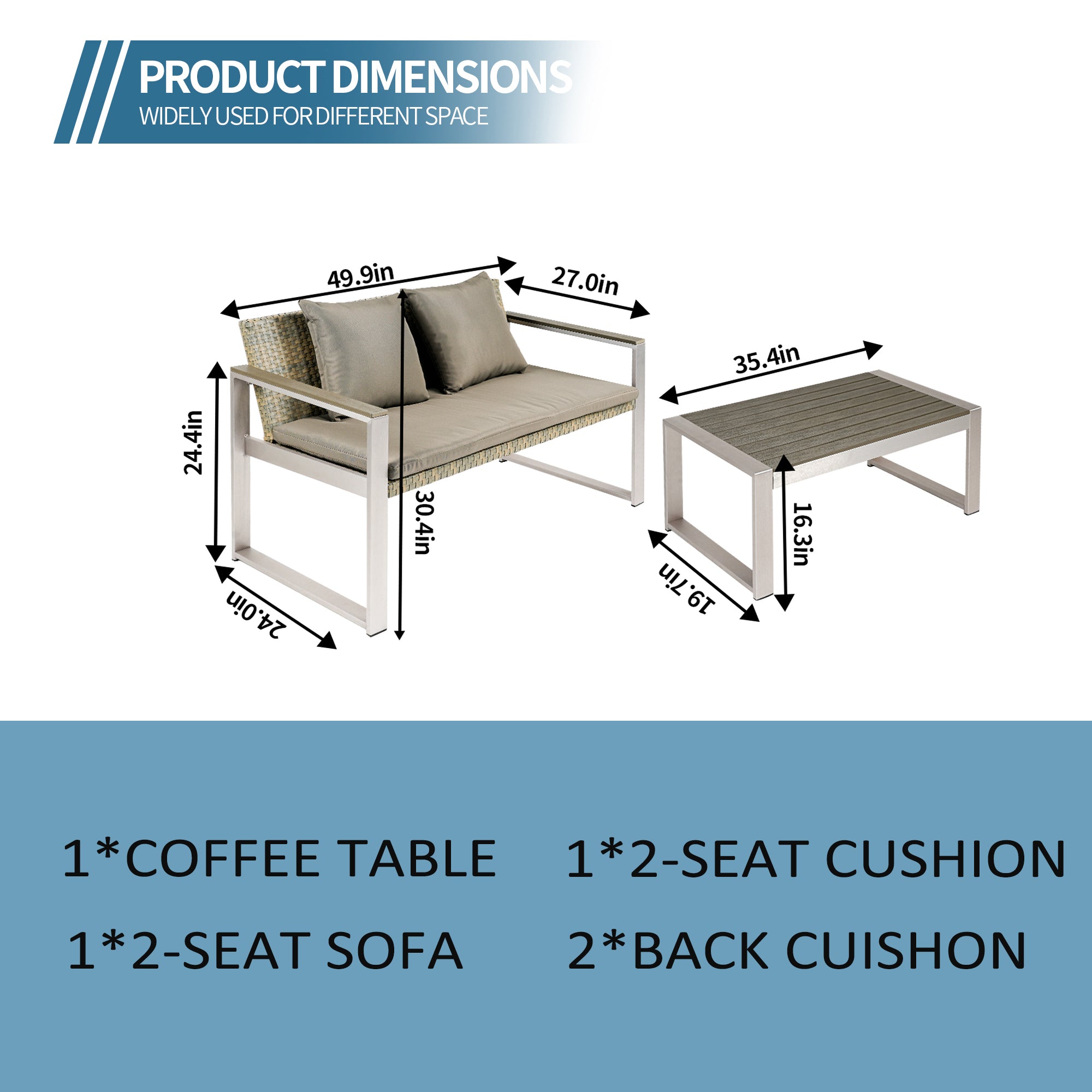 2-Piece Aluminum Woven Rattan Patio Conversation Set with khaki Cushions and Coffee Table BOGAPCS04KH