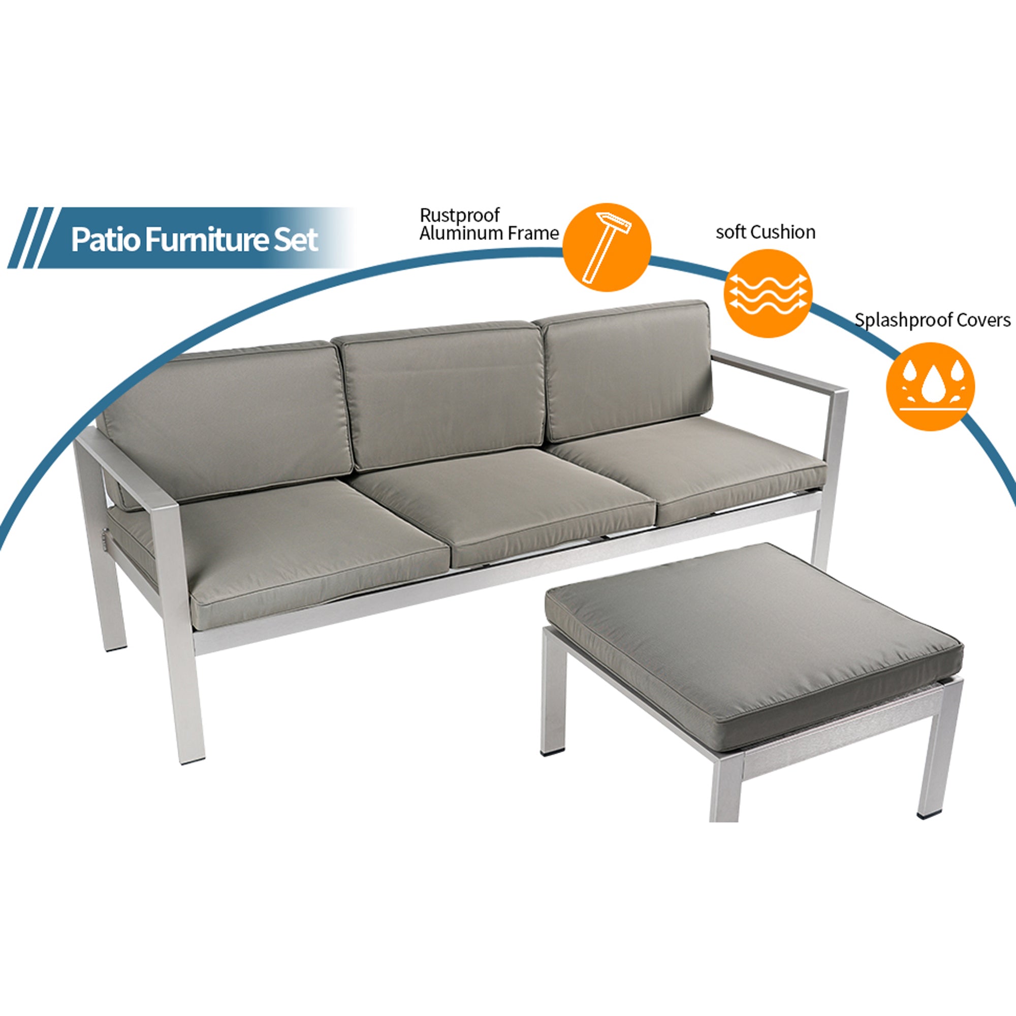 2-Piece Aluminum Patio Conversation Set with khaki Cushions and Ottoman BOGAPCS05KH