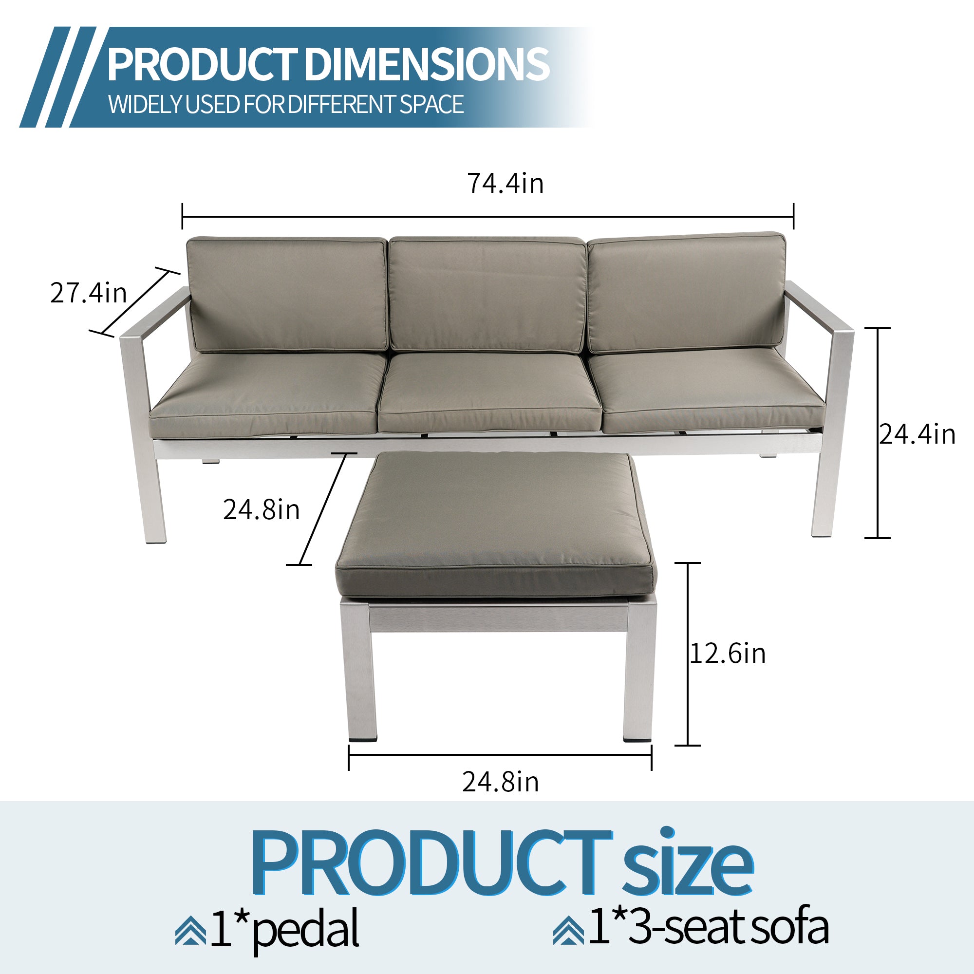 2-Piece Aluminum Patio Conversation Set with khaki Cushions and Ottoman BOGAPCS05KH