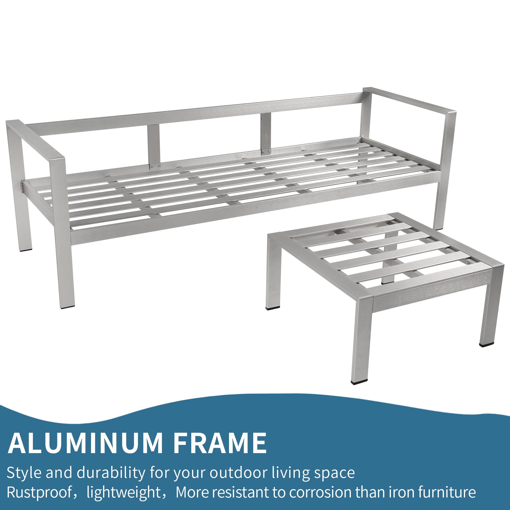 2-Piece Aluminum Patio Conversation Set with khaki Cushions and Ottoman BOGAPCS05KH