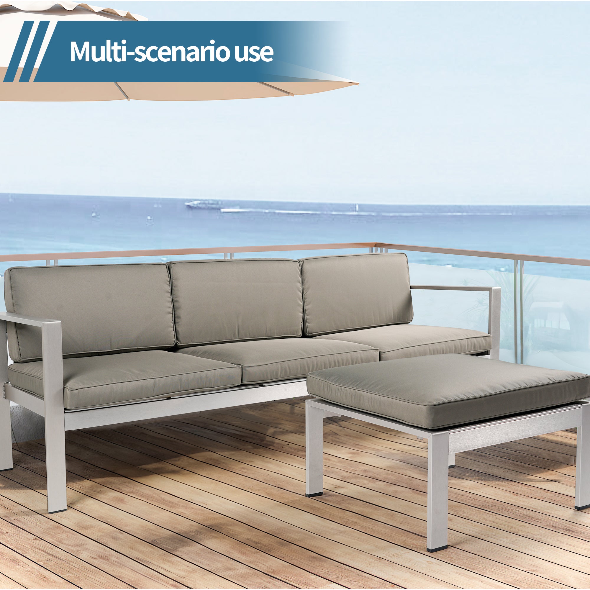 2-Piece Aluminum Patio Conversation Set with khaki Cushions and Ottoman BOGAPCS05KH