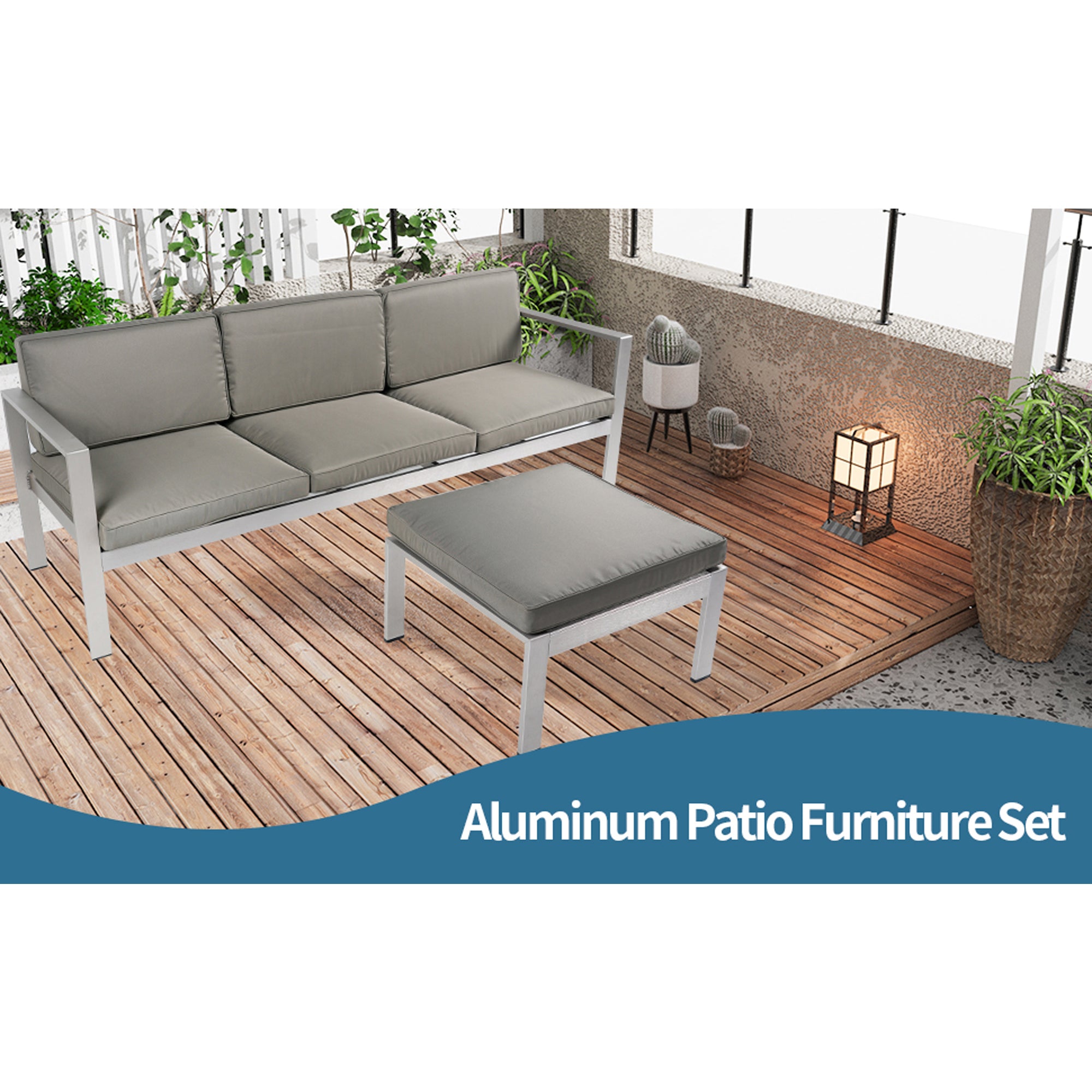2-Piece Aluminum Patio Conversation Set with khaki Cushions and Ottoman BOGAPCS05KH