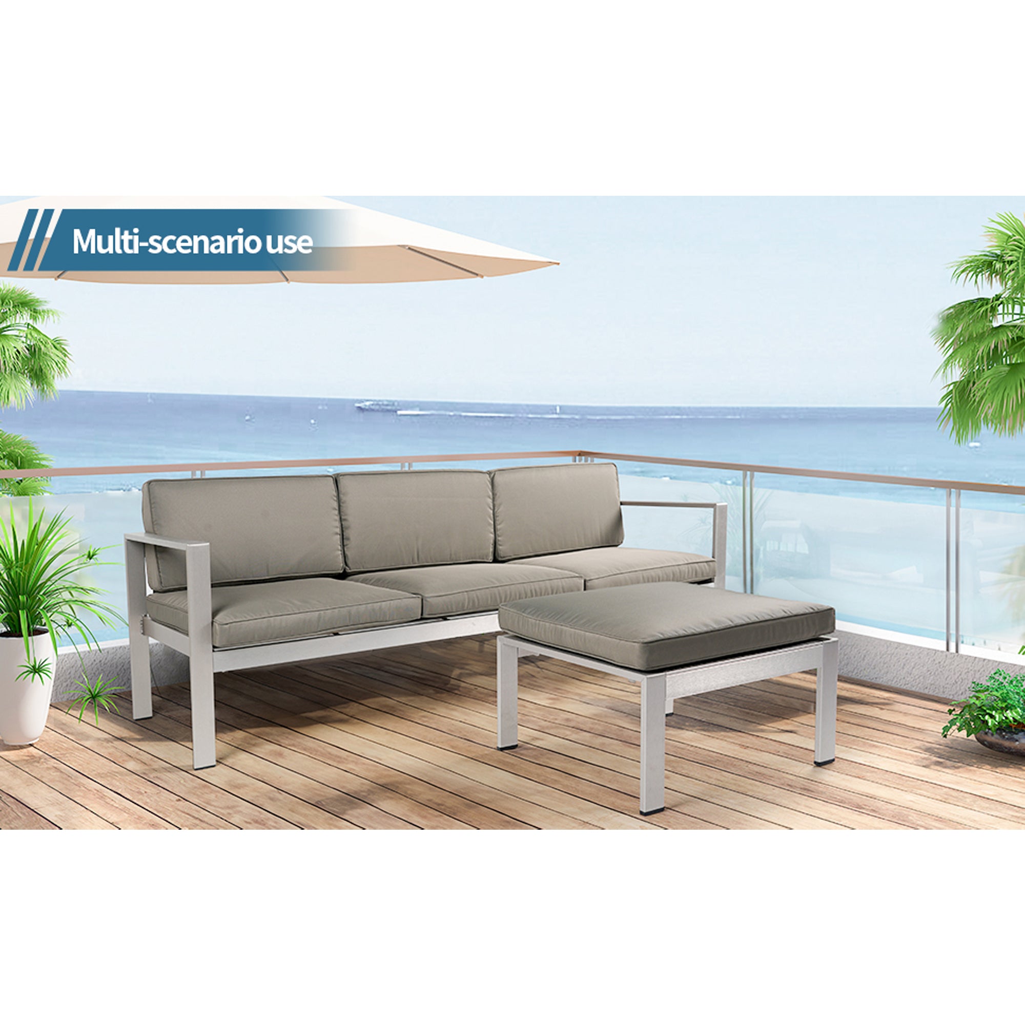2-Piece Aluminum Patio Conversation Set with khaki Cushions and Ottoman BOGAPCS05KH