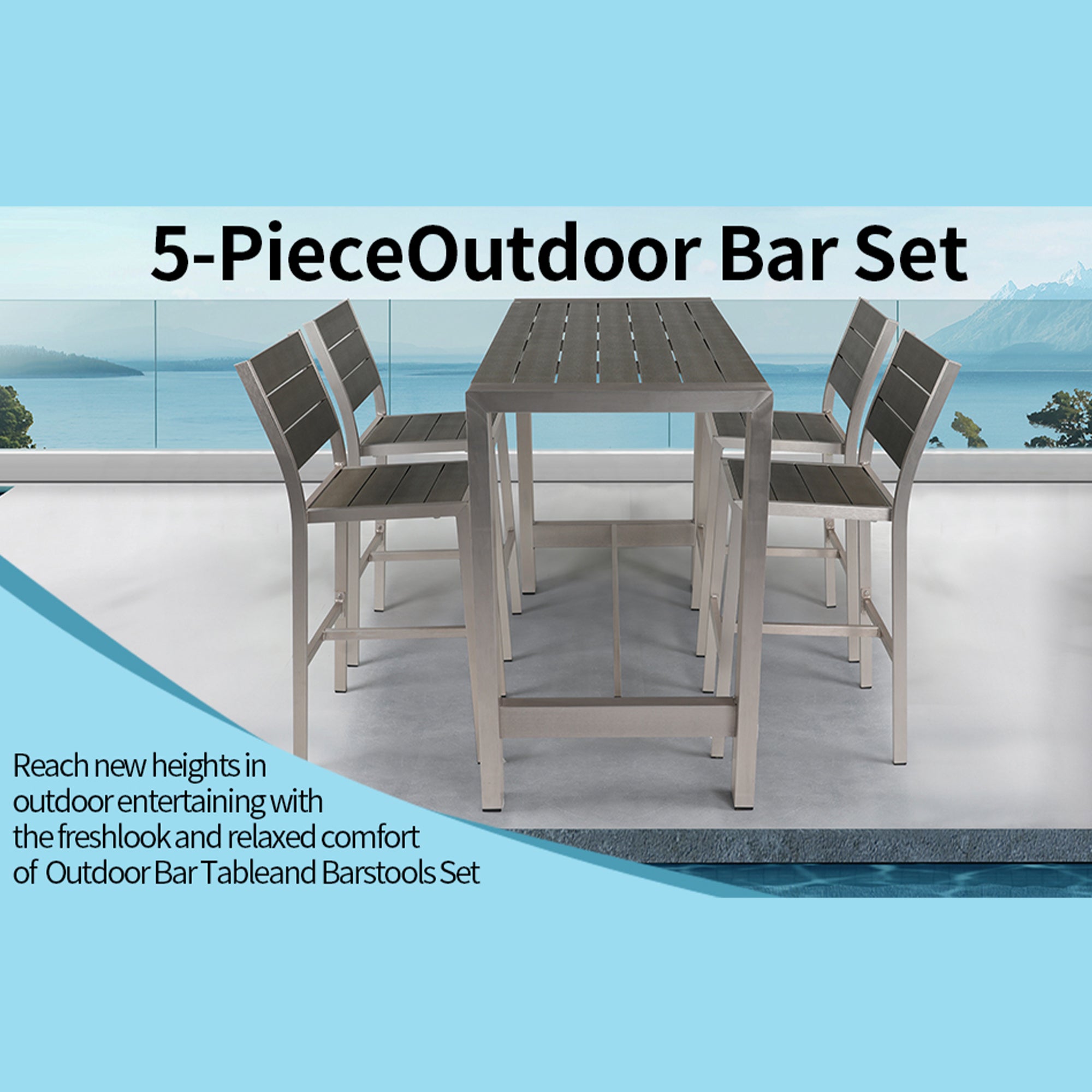 5-Piece Silver Aluminum Rectangle Bar Height Outdoor Serving Bar Set BOGAPD01GR