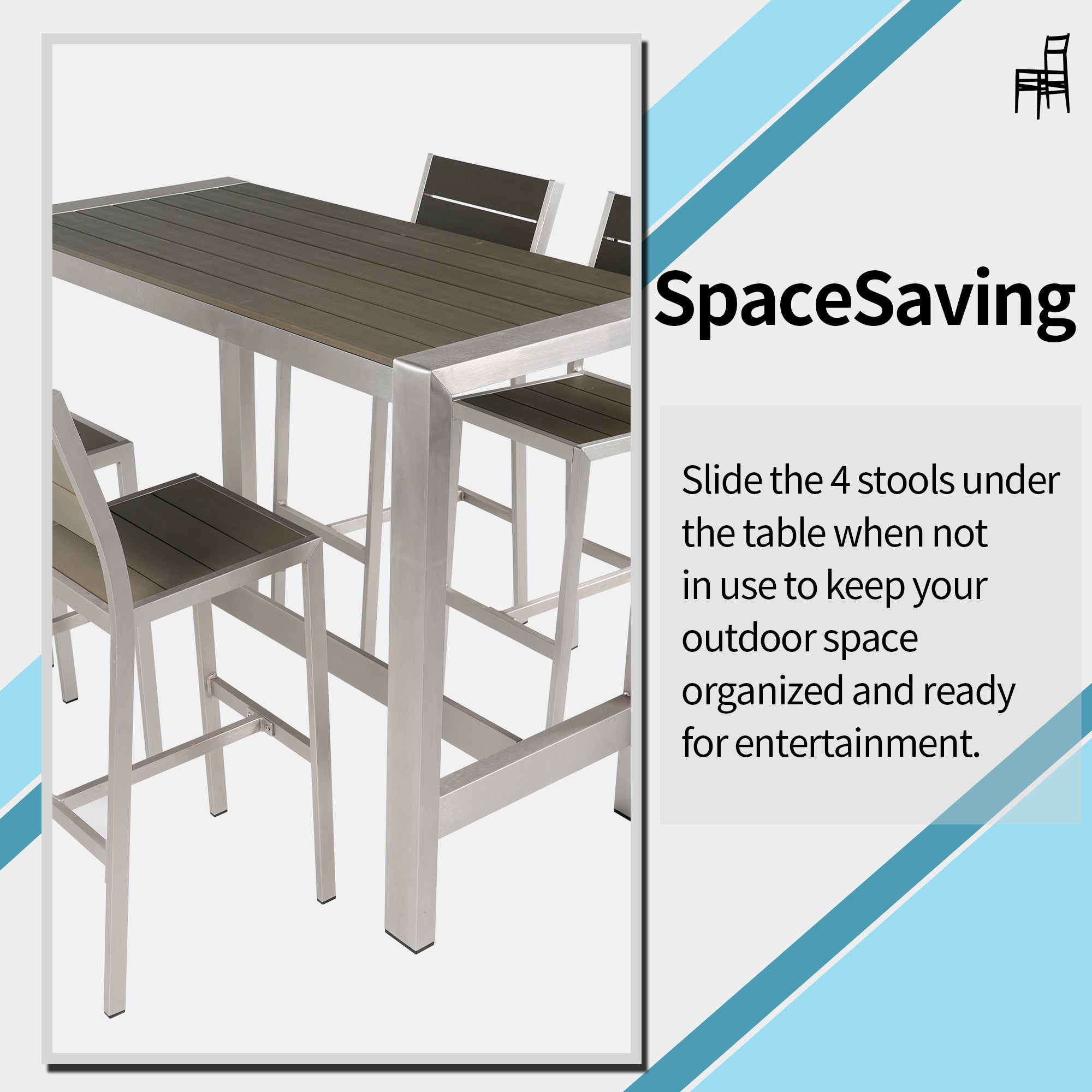 5-Piece Silver Aluminum Rectangle Bar Height Outdoor Serving Bar Set BOGAPD01GR